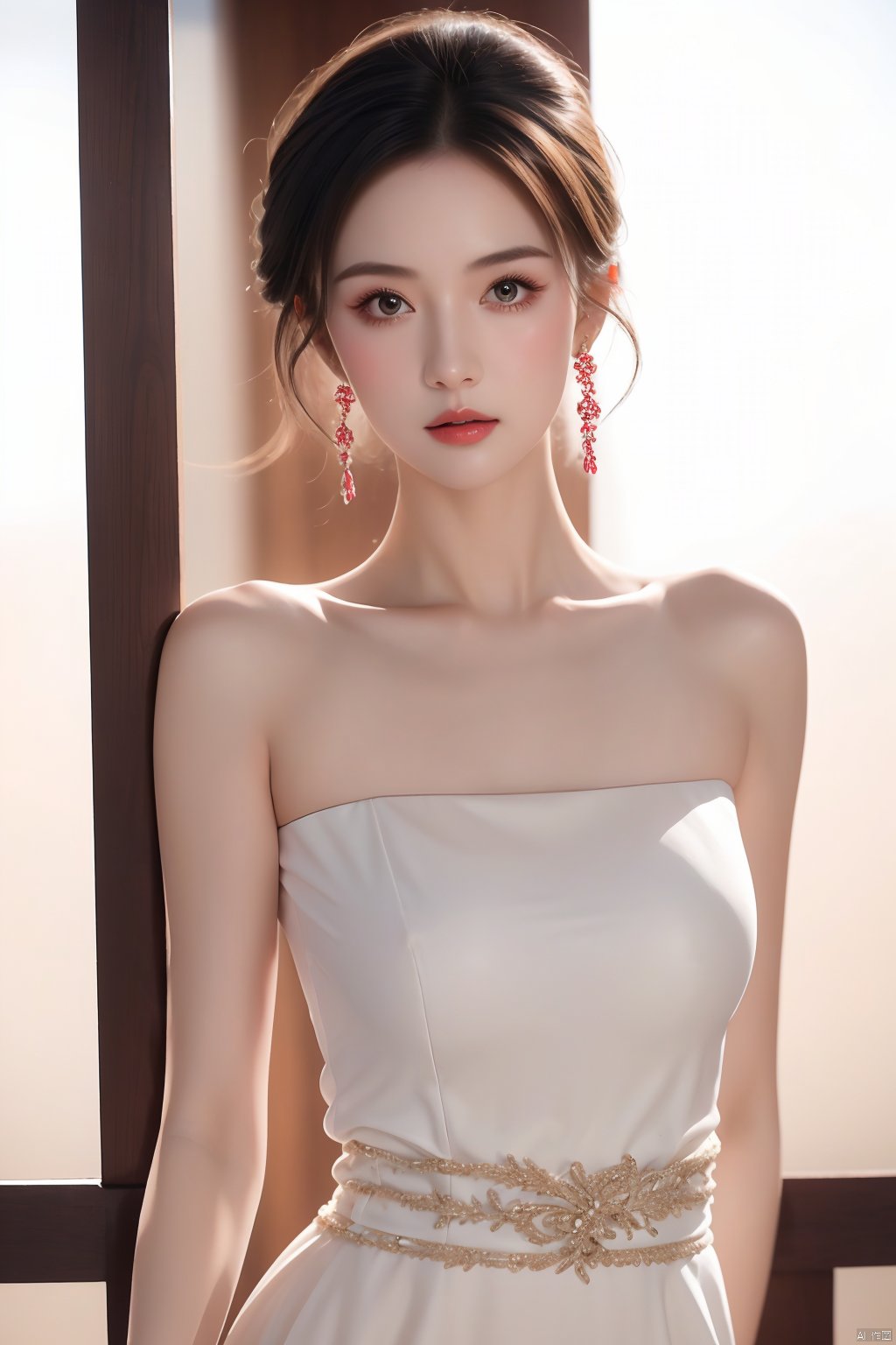 A girl,charming and elegant dress,fashionable and luxurious,with black eyes,advertising photography,white background,standing posture,upper body photo,advertising blockbuster photography,realistic,exquisite,high-definition,8K,perfect facial details,the best quality,