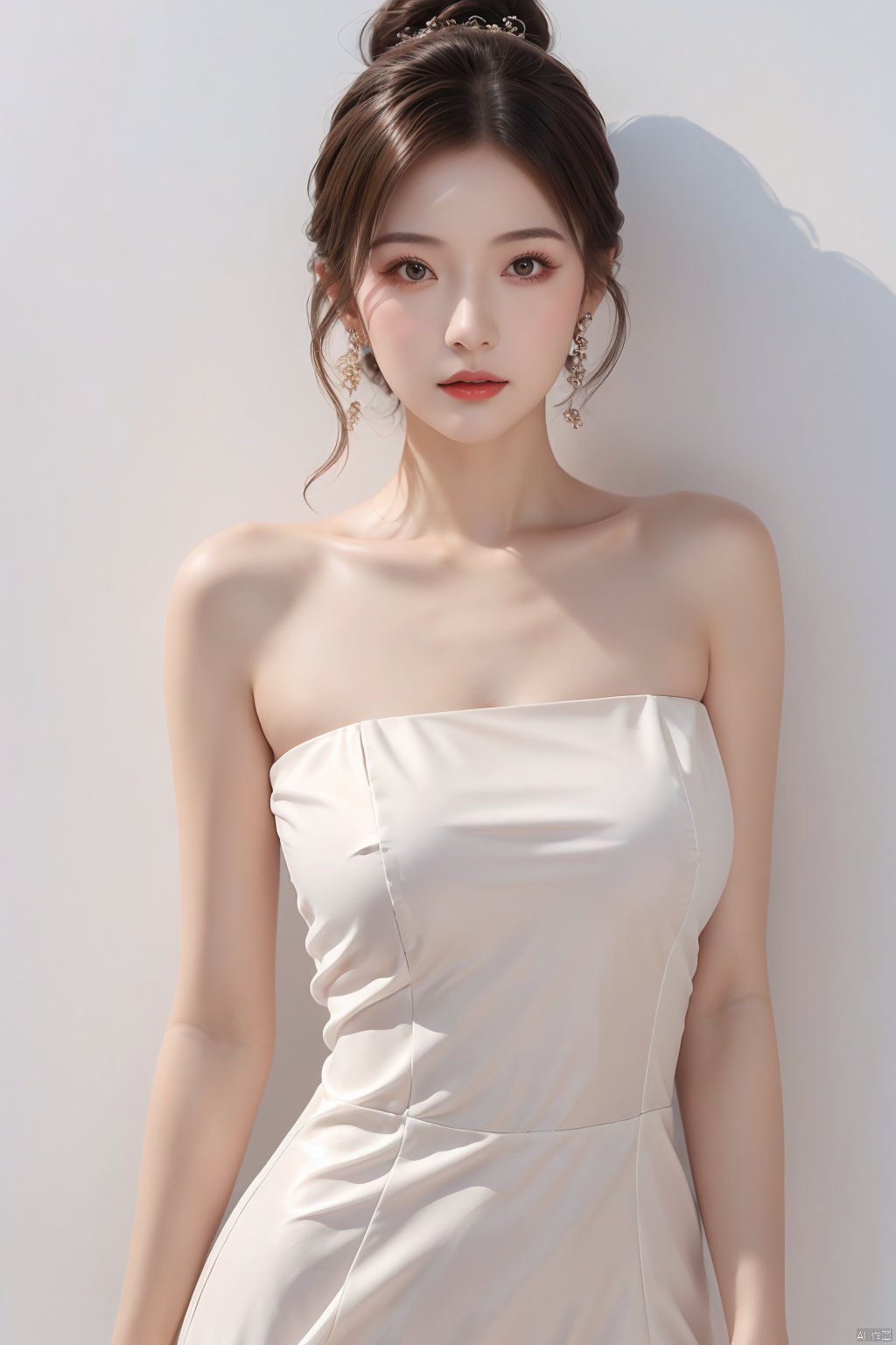 A girl,charming and elegant dress,fashionable and luxurious,with black eyes,advertising photography,white background,standing posture,upper body photo,advertising blockbuster photography,realistic,exquisite,high-definition,8K,perfect facial details,the best quality,