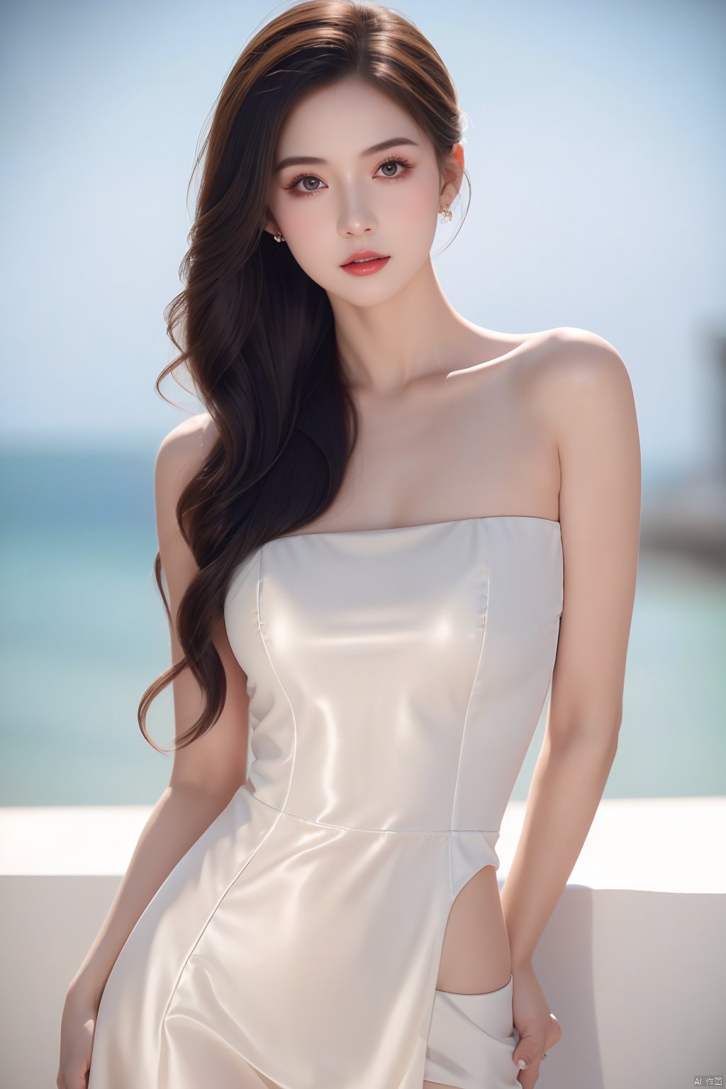 A girl,charming and elegant dress,fashionable and luxurious,with black eyes,advertising photography,white background,standing posture,upper body photo,advertising blockbuster photography,realistic,exquisite,high-definition,8K,perfect facial details,the best quality,