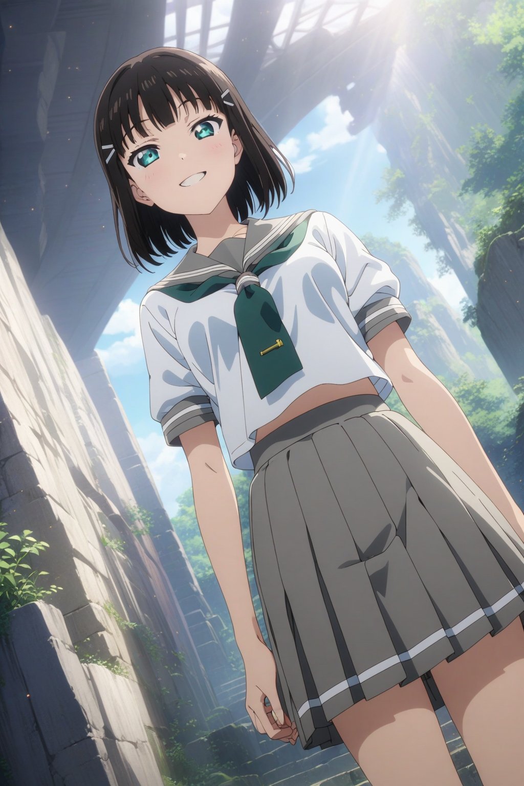 uranohoshi school uniform, short sleeves, pleated skirt, white serafuku, neckerchief, grey skirt, grey sailor collar, tie clip, green neckerchief,

(smile), half-closed eyes, full body

anime screencap, high quality anime 2d color, 2d, Accurate describe shapes, beautiful face, expressive eyes, (plain anime style), natural lighting, light particles, cinematic angle, (masterpiece), (best quality), (ultra-detailed), very aesthetic, illustration, perfect composition, intricate details,