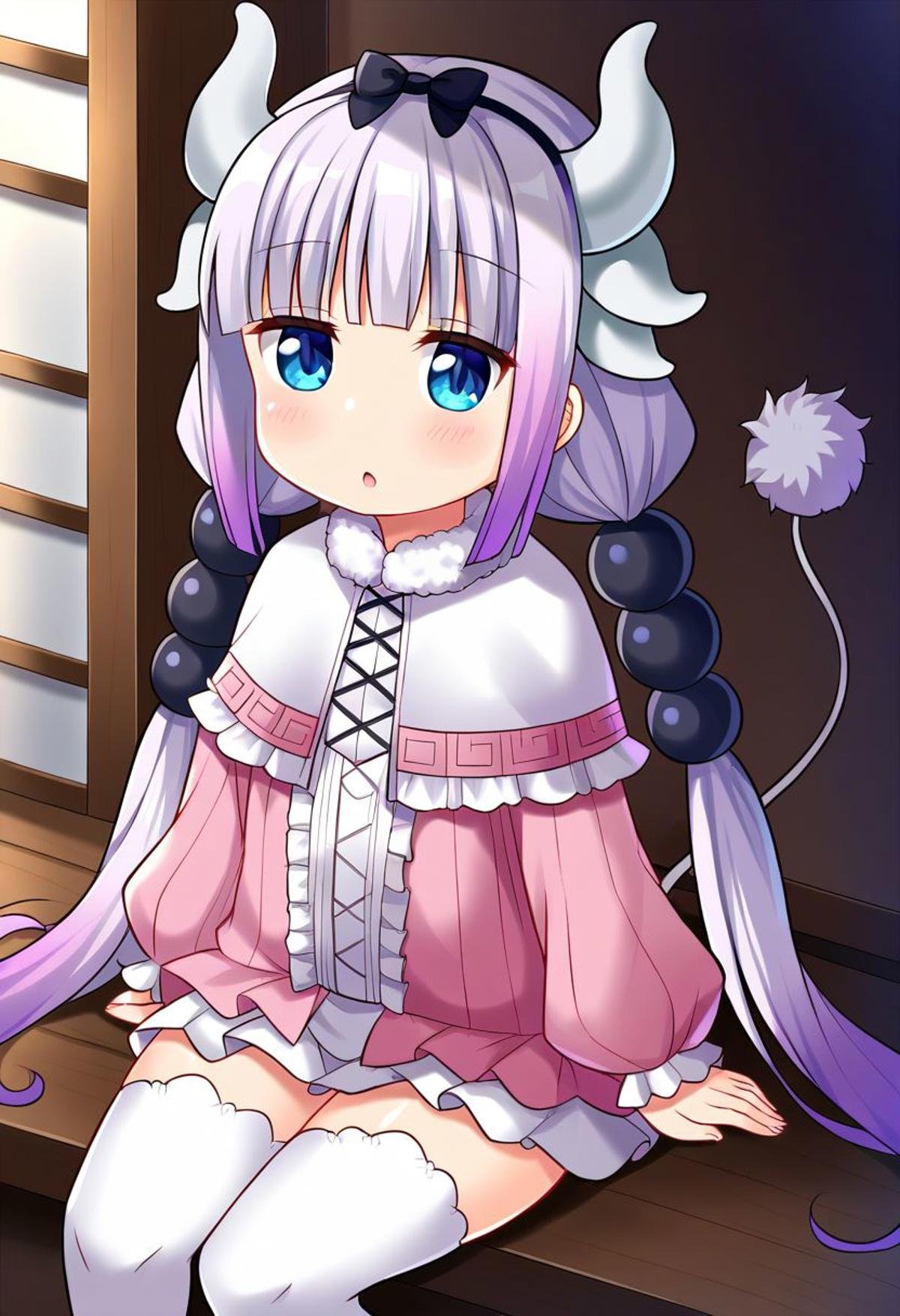 Kanna_Kamui, 1girl, solo, blue_eyes, purple_hair, long_hair, low_twintails, hair_beads, flat_chest, gradient_hair, dragon_girl, dragon_horns, tail, frilled_dress, short_dress, headband, hair_bow, long_sleeves, pink_sleeves, white_thighhighs, white_dress, pink_dress, fur_trimmed_capelet, white_capelet, anime_coloring, thighs, nice_hands, sitting,