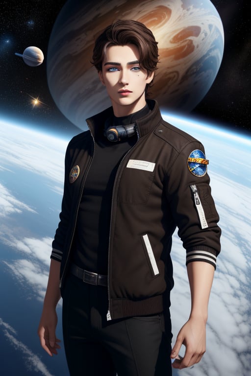 Heron is a handsome young man of 19 years old. ((Short brown hair)), ((blue eyes )) , tanned skin. he wears a long black jacket, black outfit, space opera, the sidereal space. Interactive, highly detailed image., , niji, Color Booster,Heron