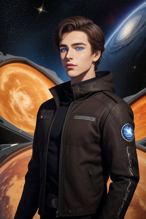 Heron is a handsome young man of 19 years old. ((Short brown hair)), ((blue eyes )) , tanned skin. he wears a long black jacket, black outfit, space opera, in the background the cideral space, galaxy, stars. Interactive, highly detailed image., , niji, Color Booster,Heron