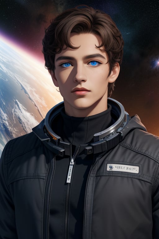 Heron is a handsome young man of 19 years old. ((Short brown hair)), ((blue eyes )) , tanned skin. he wears a long black jacket, black outfit, space opera, the sidereal space. Interactive, highly detailed image., , niji, Color Booster,Heron