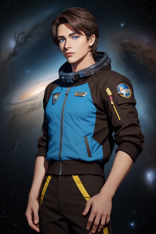 Heron is a handsome young man of 19 years old. ((Short brown hair)), ((blue eyes )) , tanned skin. he wears a long black jacket, black outfit, space opera, the sidereal space. Interactive, highly detailed image., , niji, Color Booster,Heron