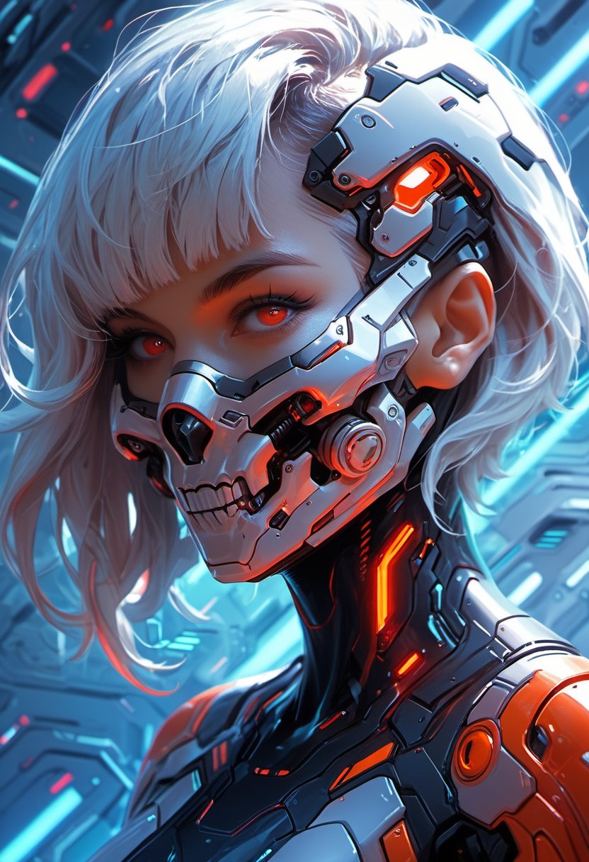 score_9, score_8_up, score_7_up,1girl, solo, looking at viewer, short hair, bangs, red eyes, white hair, hand up, hair over one eye, bodysuit, mask, glowing, portrait, science fiction, mouth mask,cyberpunk mask,mask, cyberpunk,Mask,portraitart