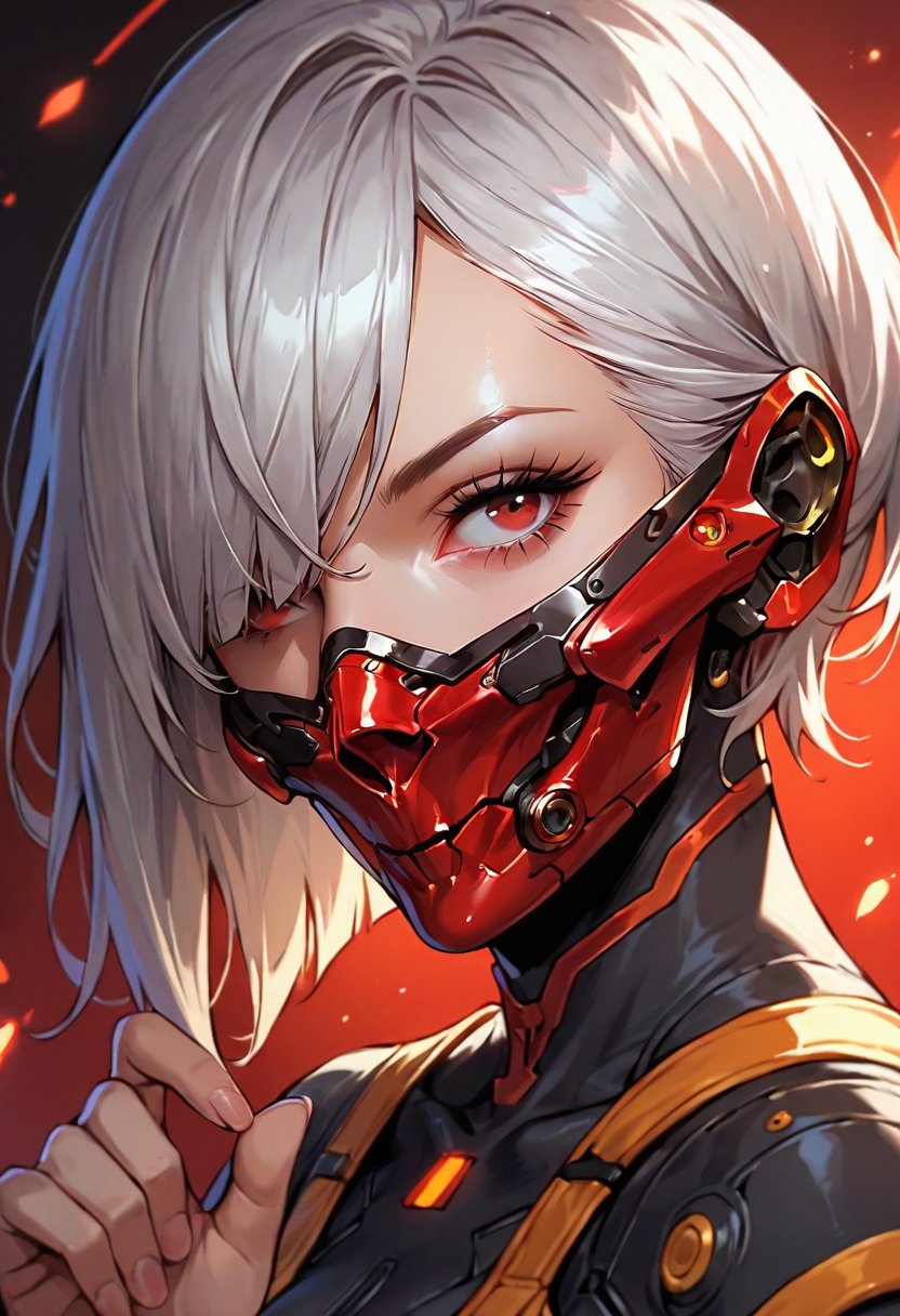 score_9, score_8_up, score_7_up,1girl, solo, looking at viewer, short hair, bangs, red eyes, white hair, hand up, hair over one eye, bodysuit, mask, glowing, portrait, science fiction, mouth mask,cyberpunk mask,mask, cyberpunk