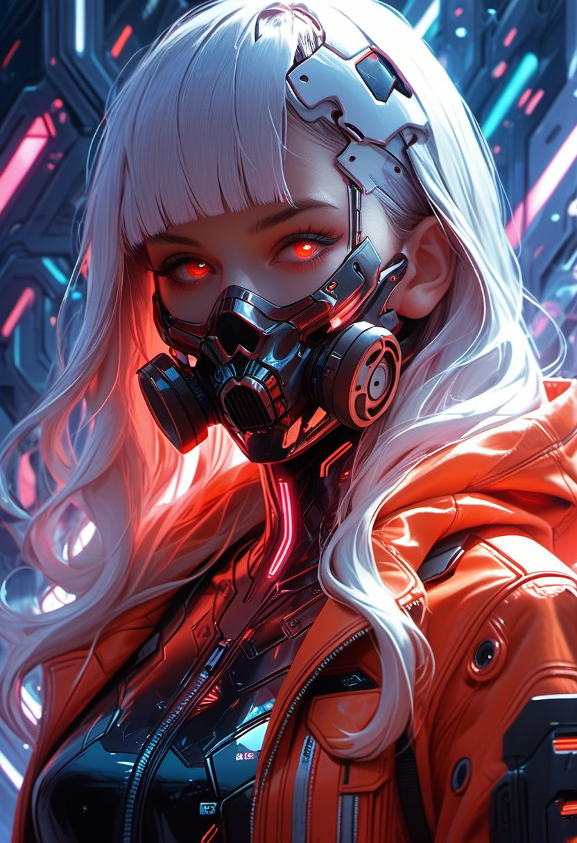 score_9, score_8_up, score_7_up,1girl, solo, long hair, looking at viewer, bangs, red eyes, jacket, upper body, white hair, hood, blunt bangs, open jacket, hoodie, mask, glowing, glowing eyes, hooded jacket, hood up, zipper, mouth mask, gas mask, cyberpunk,cyberpunk mask,mask, cyberpunk,Mask,portraitart