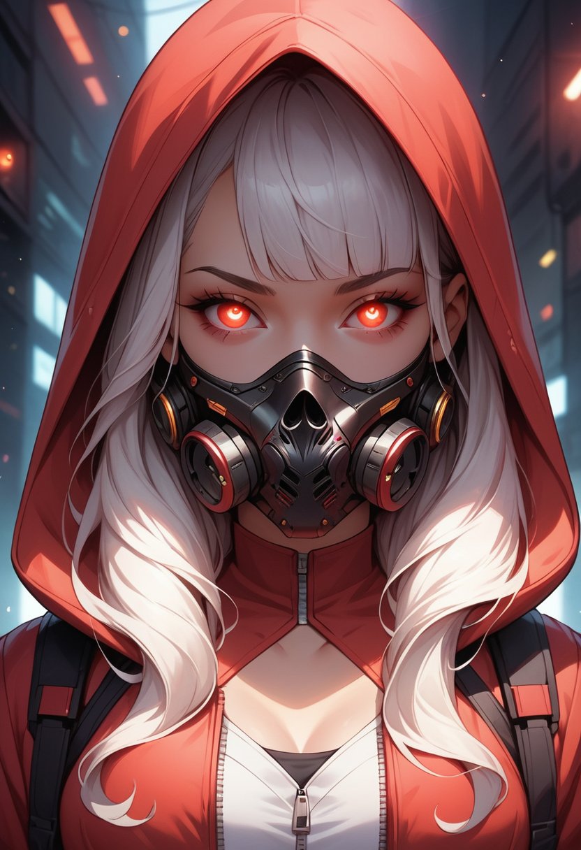 score_9, score_8_up, score_7_up,1girl, solo, long hair, looking at viewer, bangs, red eyes, jacket, upper body, white hair, hood, blunt bangs, open jacket, hoodie, mask, glowing, glowing eyes, hooded jacket, hood up, zipper, mouth mask, gas mask, cyberpunk,cyberpunk mask,mask, cyberpunk,Mask,portraitart