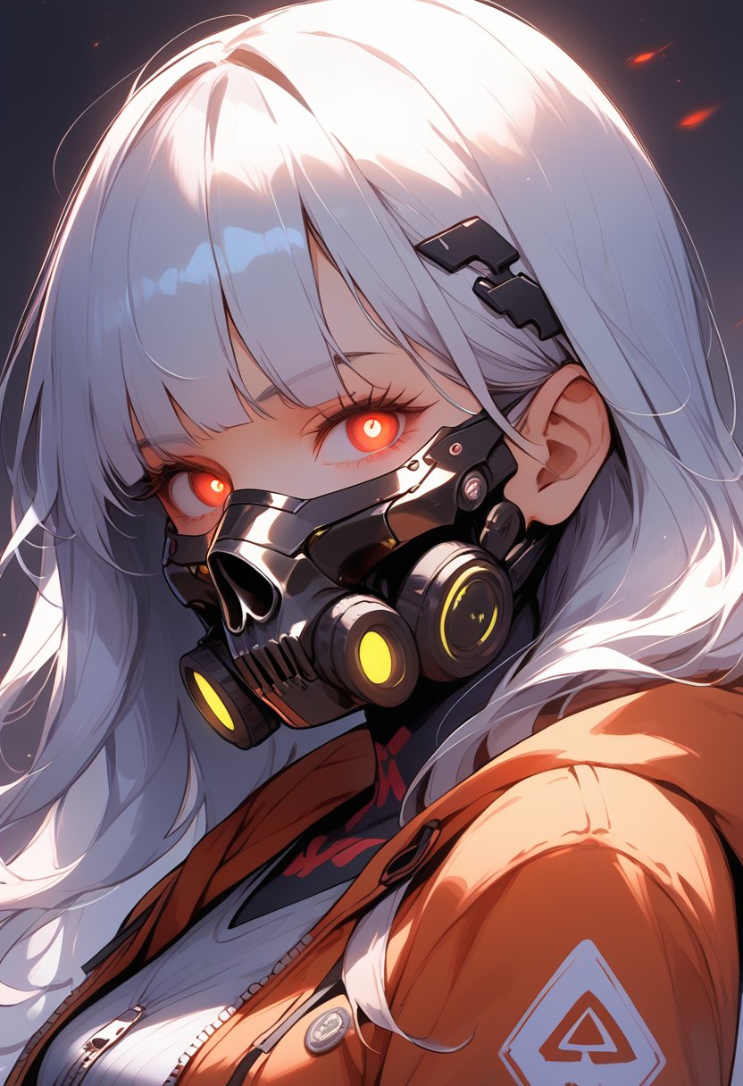 score_9, score_8_up, score_7_up,1girl, solo, long hair, looking at viewer, bangs, red eyes, jacket, upper body, white hair, hood, blunt bangs, open jacket, hoodie, mask, glowing, glowing eyes, hooded jacket, hood up, zipper, mouth mask, gas mask, cyberpunk,cyberpunk mask,mask, cyberpunk,Mask,portraitart