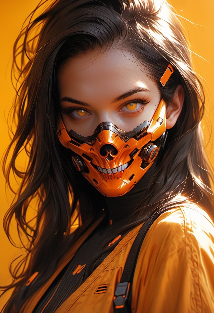 score_9, score_8_up, score_7_up,1girl, solo, long hair, looking at viewer, bangs, black hair, hair ornament, yellow eyes, upper body, hairclip, shiny, orange eyes, parted bangs, eyelashes, mask, headgear, portrait, science fiction, yellow theme, cyberpunk,cyberpunk mask,mask, cyberpunk,Mask,portraitart