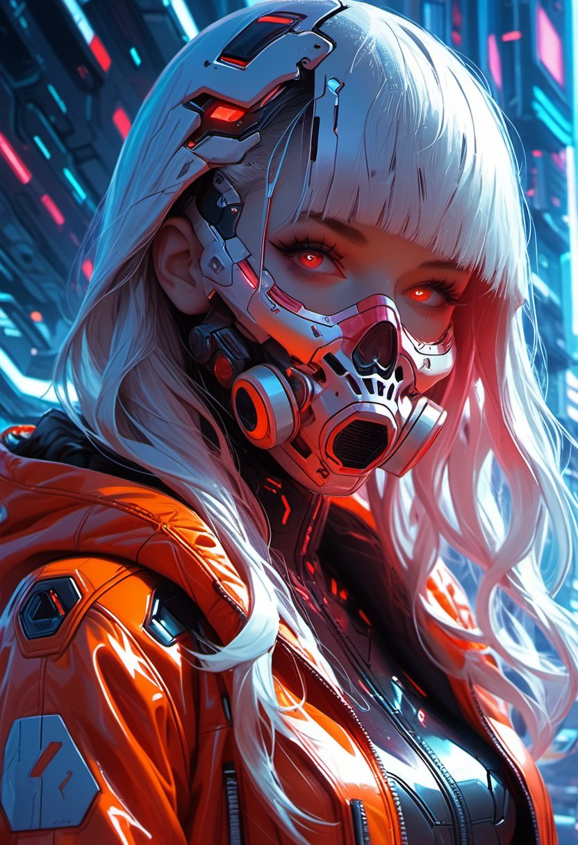 score_9, score_8_up, score_7_up,1girl, solo, long hair, looking at viewer, bangs, red eyes, jacket, upper body, white hair, hood, blunt bangs, open jacket, hoodie, mask, glowing, glowing eyes, hooded jacket, hood up, zipper, mouth mask, gas mask, cyberpunk,cyberpunk mask,mask, cyberpunk,Mask,portraitart