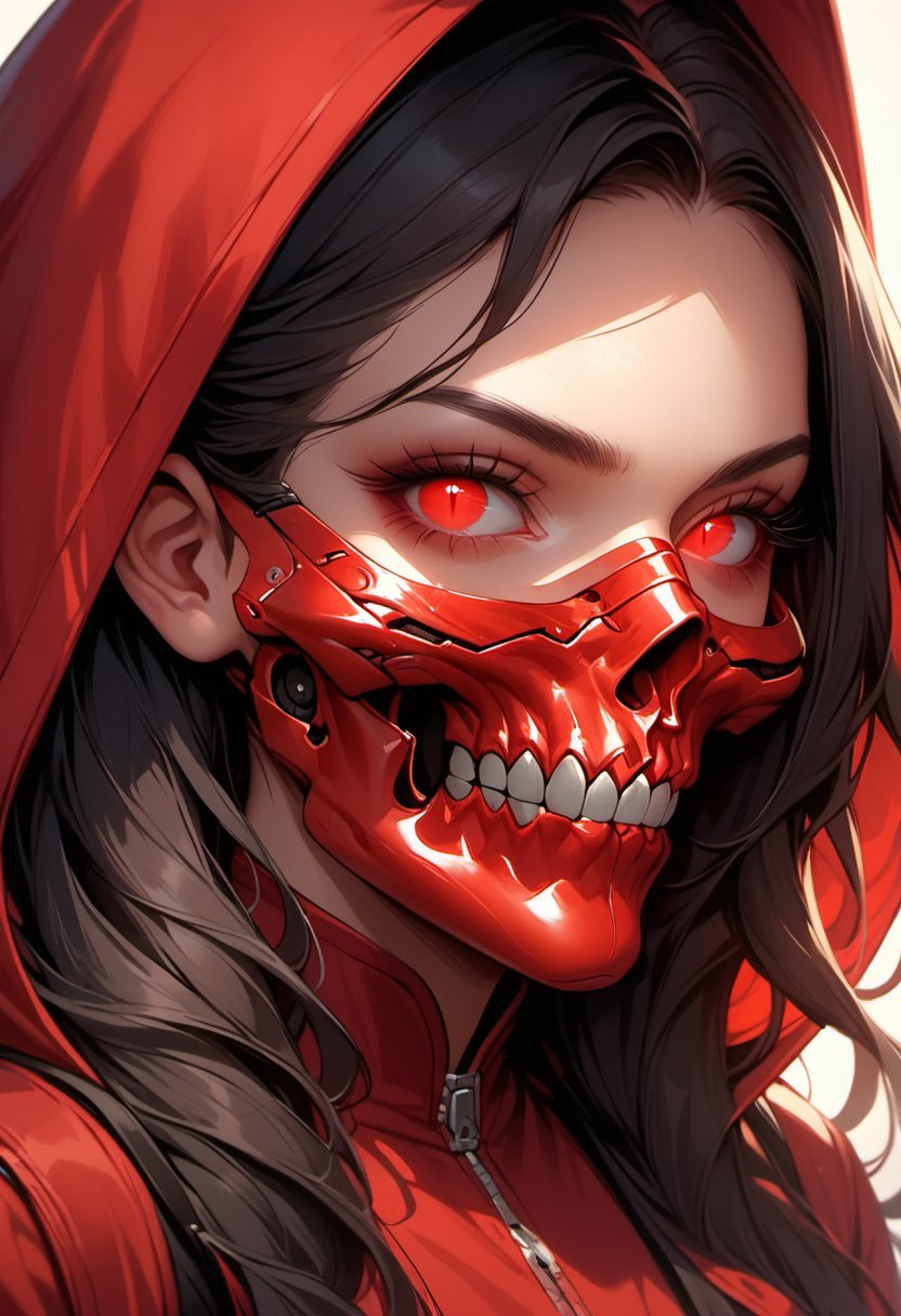 score_9, score_8_up, score_7_up,1girl, solo, long hair, looking at viewer, black hair, red eyes, upper body, teeth, hood, eyelashes, mask, glowing, slit pupils, portrait, glowing eyes, red headwear, red jacket, hood up,Skull mask,Cyberpunk mask, mouth mask,score_9