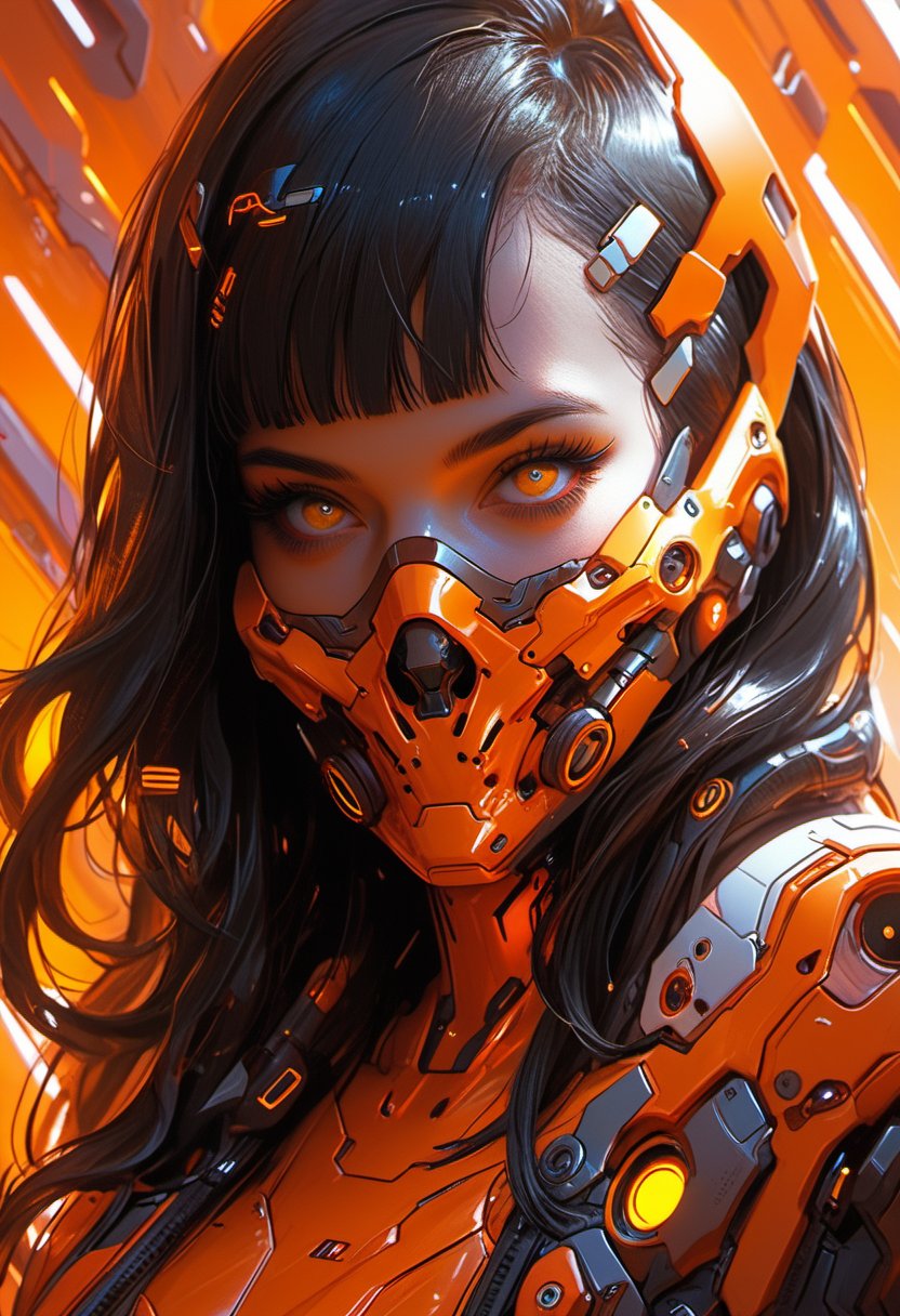 score_9, score_8_up, score_7_up,1girl, solo, long hair, looking at viewer, bangs, black hair, hair ornament, yellow eyes, upper body, hairclip, shiny, orange eyes, parted bangs, eyelashes, mask, headgear, portrait, science fiction, yellow theme, cyberpunk,cyberpunk mask,mask, cyberpunk,Mask,portraitart