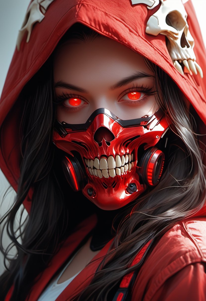 1girl, solo, long hair, looking at viewer, black hair, red eyes, upper body, teeth, hood, eyelashes, mask, glowing, slit pupils, portrait, glowing eyes, red headwear, red jacket, hood up,Skull mask,Cyberpunk mask, mouth mask