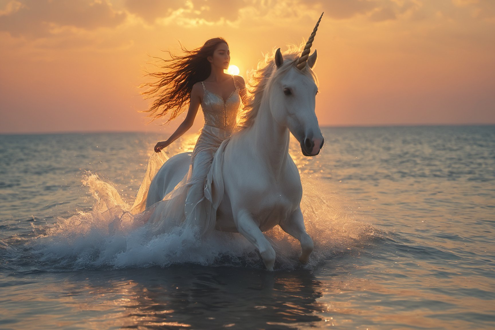 A majestic scene of a woman with long flowing hair riding a white unicorn through shallow waters during sunset. The sun casts a golden hue over the horizon, with the woman's hair dancing in the wind. The unicorn's horn gleams, and its hooves splash the water, creating ripples. The backdrop is a serene ocean with the sun setting on the horizon, and the sky is painted with shades of orange, pink, and blue.,xxmixgirl