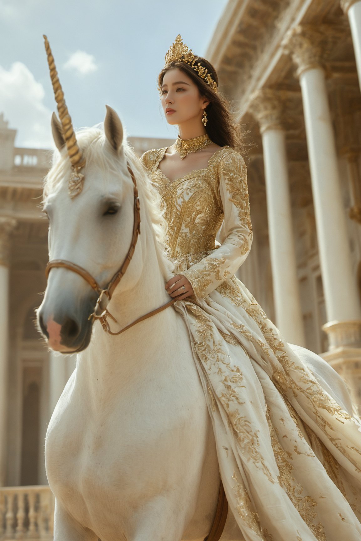 A young woman adorned in an opulent golden and white gown, with intricate embroidery and embellishments. She wears a crown with a prominent gemstone. The woman is positioned in front of a grand architectural structure, possibly a palace or temple, with tall white pillars and golden detailing. The backdrop is illuminated with a soft, ethereal light, casting a dreamy ambiance. The woman is also seen riding a majestic white horse, which has golden accents, including a decorative nose ring.
