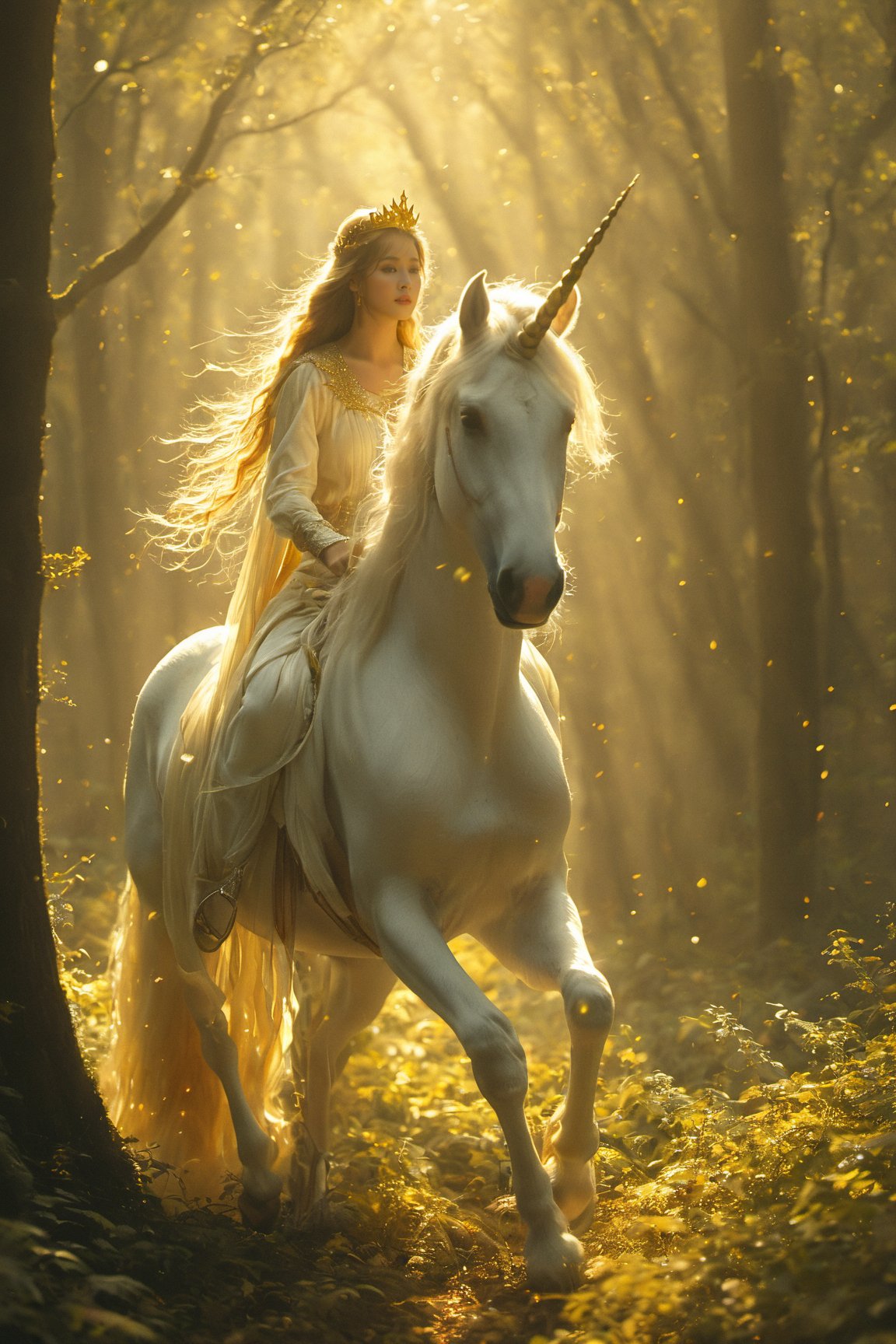 A mystical scene set in a dense forest. A woman with long, flowing hair, adorned with a golden crown, rides a majestic white unicorn. The unicorn's mane and tail are illuminated by a soft, golden light, giving them a luminous appearance. The forest is bathed in a warm, golden hue, with sunlight filtering through the trees, creating a magical ambiance. The woman and the unicorn appear to be in motion, with the unicorn's hooves touching the ground, and they are surrounded by a myriad of golden particles, possibly representing magic or stardust.,xxmixgirl