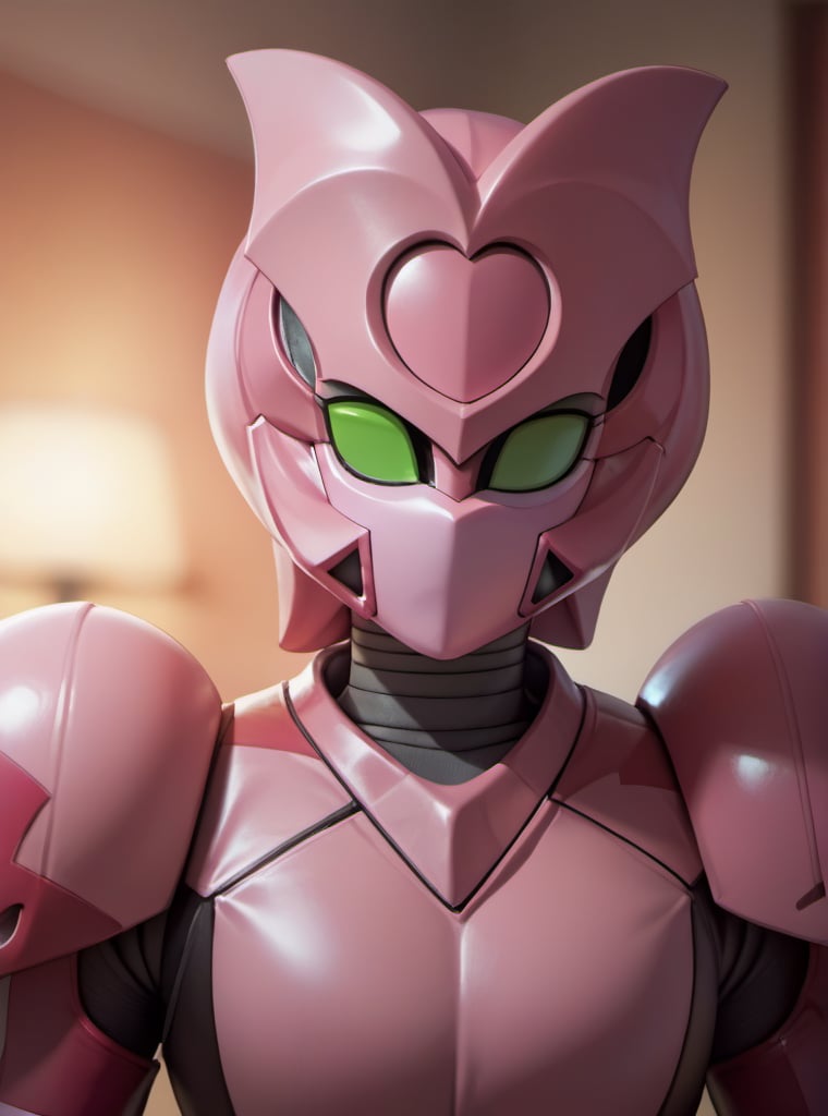  score_9, score_8_up, score_7_up, score_6_up, score_5_up, score_4_up score_9,score_8_up, 1girl, magine, green eyes, pink armor, robot, helmet, mouth mask, hands, bedroom, upper body, skirt, shexyo, anime,