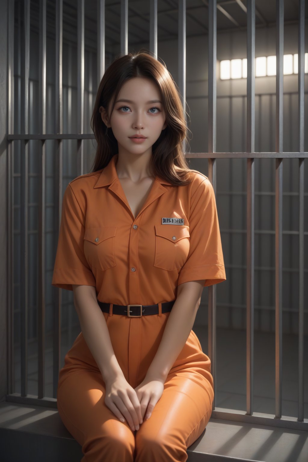 score_9, score_8_up, score_7_up, masterpiece, best quality, Realistic,
BREAK
front view, 1girl, solo, sitting, orange prison uniform, prison, prison room, prison bars in neat rows, high-tech wall, metal wall, high-tech prison bars, metal prison bars, tech lighting, cyberpunk lighting, soft bokeh, FuturEvoLabScene, FuturEvoLab, ,Prison