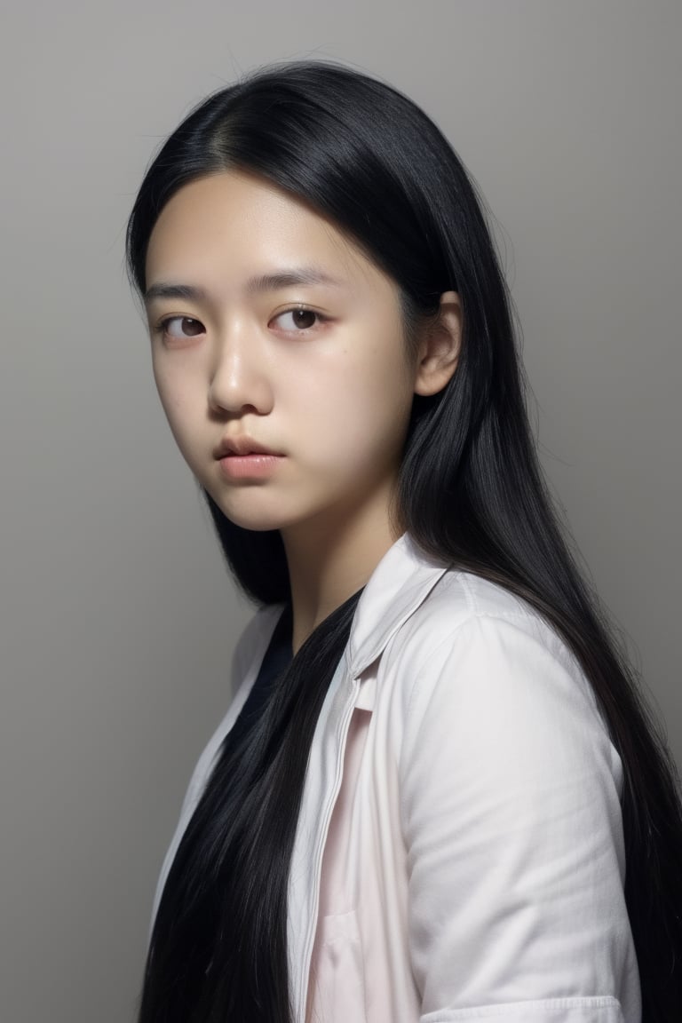 1girl, solo, long hair, looking at viewer, simple background, black hair, artist name, grey background, black eyes, lips, realistic, nose, hands in pockets, white lab coat, ((18 years old)), ((asian)) , ((POV)), ((close-up)), 