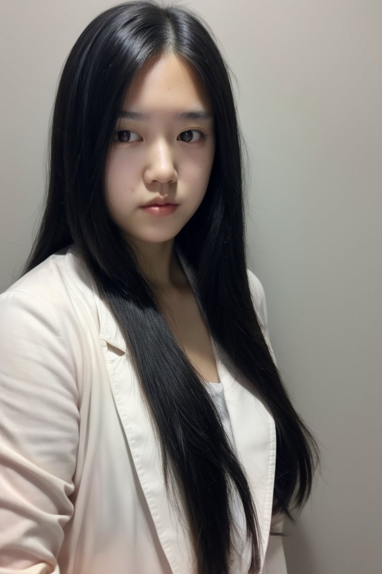 1girl, solo, long hair, looking at viewer, simple background, black hair, artist name, grey background, black eyes, lips, realistic, nose, hands in pockets, white lab coat, ((18 years old)), ((asian)) , ((POV)), ((close-up)), 