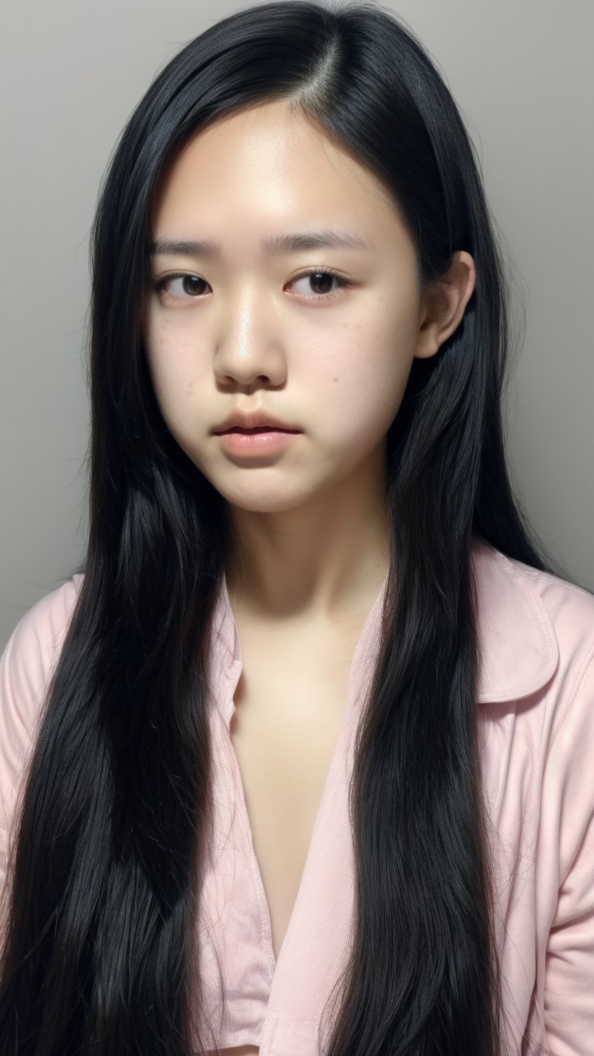 1girl, solo, long hair, looking at viewer, simple background, black hair, artist name, grey background, black eyes, lips, realistic, nose, hands in pockets, white lab coat, ((18 years old)), ((asian)) , ((POV)), ((close-up)), 