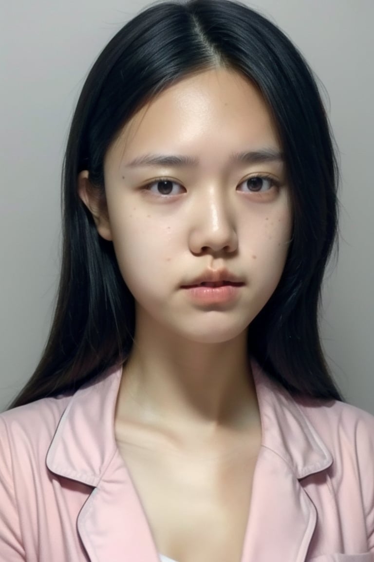 1girl, solo, long hair, looking at viewer, simple background, black hair, artist name, grey background, black eyes, lips, realistic, nose, hands in pockets, white lab coat, ((18 years old)), ((asian)) , ((POV)), ((close-up)), 