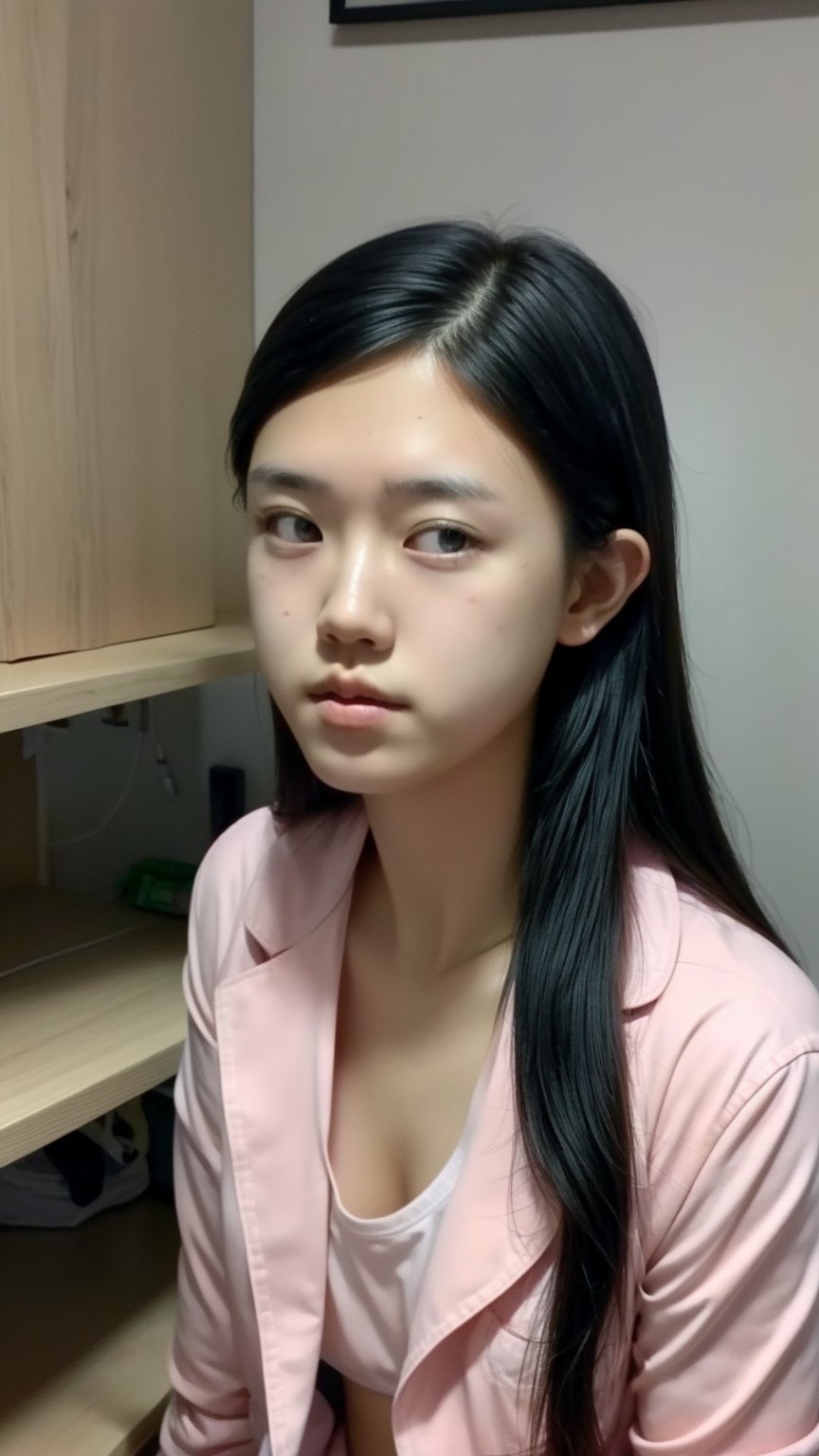 In the image, a person is standing in an indoor setting with wooden cabinets in the background. They are wearing a white lab coat that is open at the front, revealing a bralette underneath. The individual has long black hair and is looking directly at the camera. suggesting a medical or healthcare environment. The overall appearance suggests a professional context, possibly within a hospital or clinic., ((20 years old)), ((asian)) , ((POV)), ((close-up)),((long nose bridge))