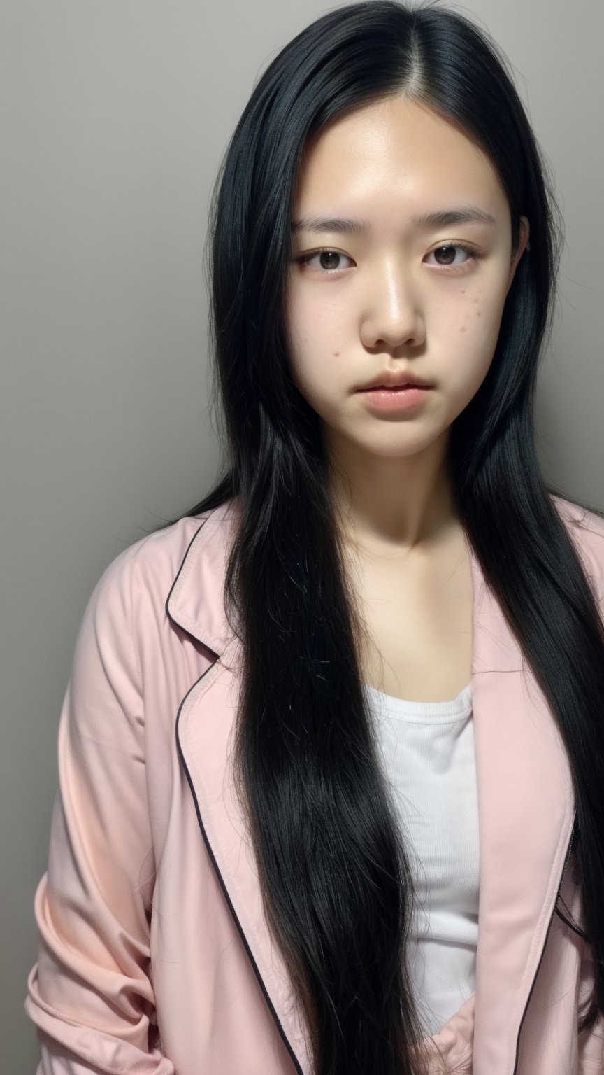 1girl, solo, long hair, looking at viewer, simple background, black hair, artist name, grey background, black eyes, lips, realistic, nose, hands in pockets, white lab coat, ((18 years old)), ((asian)) , ((POV)), ((close-up)), 