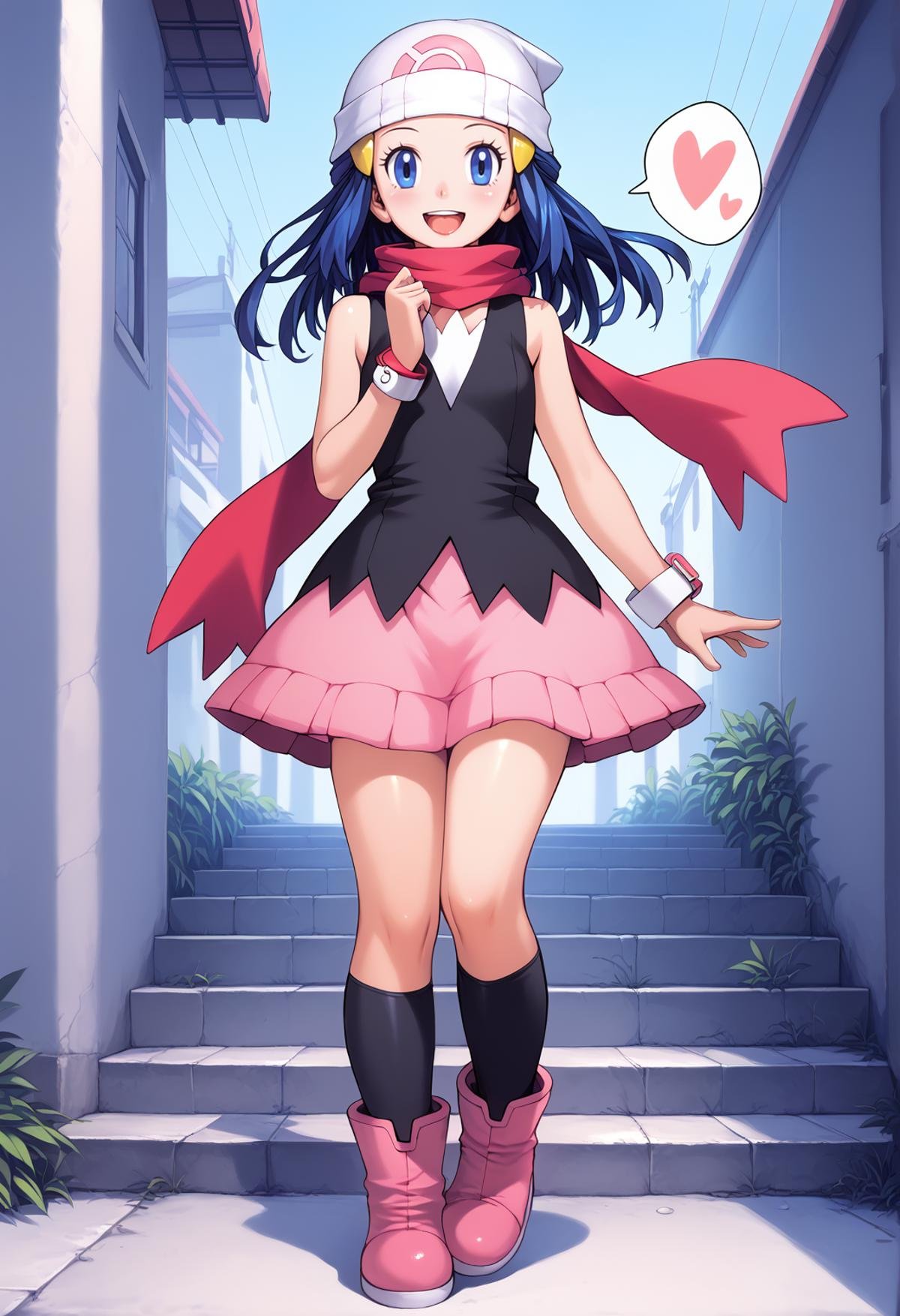 score_9, score_8_up, score_7_up, score_6_up, nox, 8um, wpt, fbg BREAKpokemon character, dawn (pokemon), high resolution, 1girl, beanie, black legwear, black shirt, black socks, blue eyes, blue hair, boots, bracelet, closed clothing, dress, eyelashes, female, floating hair, footwear, hat, headwear, heart, jewelry, knee boots, kneehighs, legwear, long hair, looking at viewer, miniskirt, open mouth, pink footwear, pink skirt, rainbow, scarf, shirt, shoes, skirt, sleeveless, sleeveless shirt, smile, socks, solo, spoken heart, standing, sunbeam, sunlight, white headwear, outdoors, 