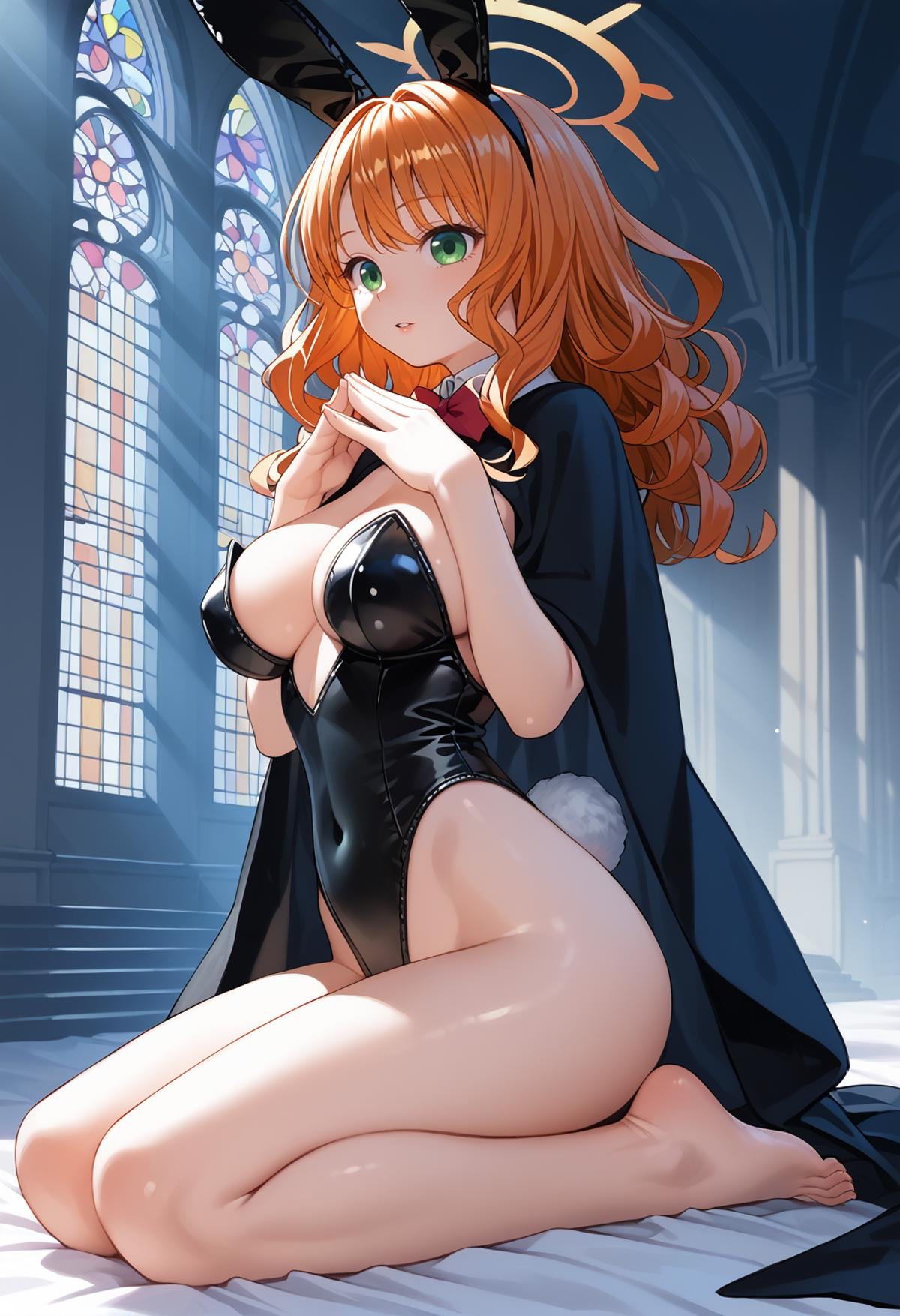 score_9, score_8_up, score_7_up, score_6_up, BREAK1girl, solo, rabbit girl, fake animal ears, rabbit ears, long wavy hair, orange hair, bangs, green eyes, very large breasts, skinny, narrow waist, long legs, barefoot, halo, pale skin, parted lips,  black cloak, praying, expressionless, kneeling, cinematic lighting, light rays, revealing clothing, Cross, Church,