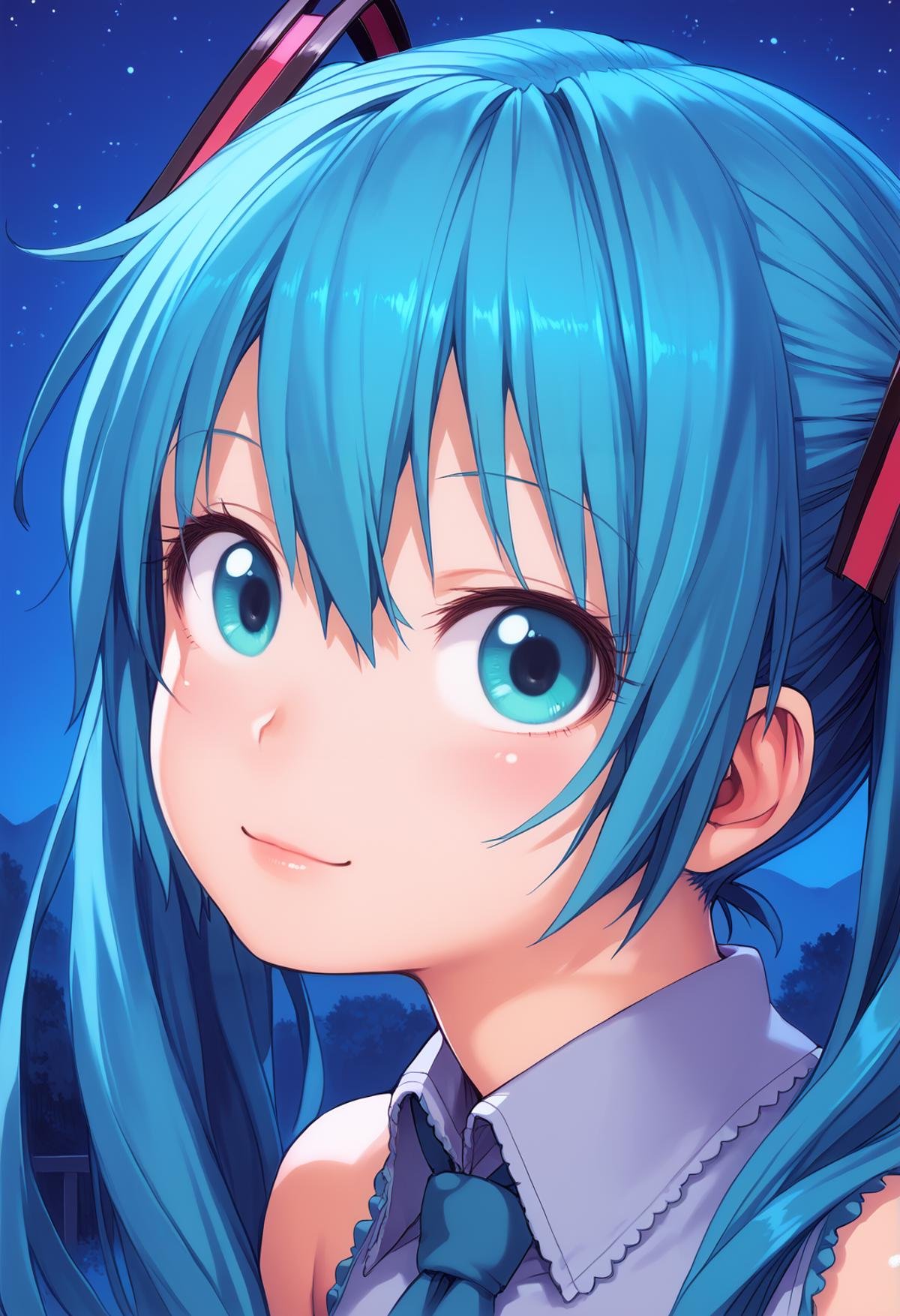 score_9, score_8_up, score_7_up, score_6_up, nox, 8um, wpt, fbg BREAKhigh resolution, very high resolution, close-up, portrait, 1girl, hatsune miku, aqua eyes, aqua hair, twintails, looking at viewer, closed mouth, outdoors, night, starry sky, 