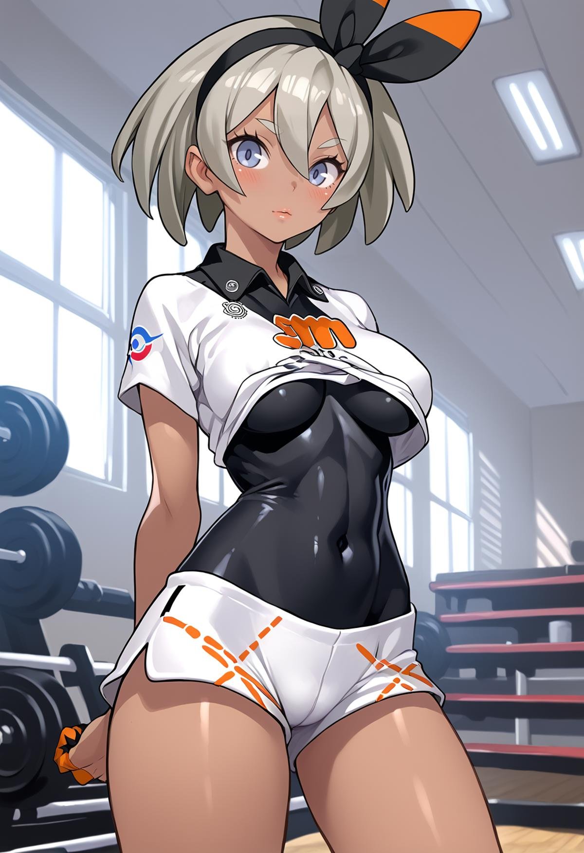 score_9, score_8_up, score_7_up, score_6_up, BREAKbea (pokemon), bea, saitou, 1girl, bangs, black hair ornament, blue eyes, blush, covered navel, dark skin, grey hair, large breasts, short hair, standing, looking at viewer, (shorts:1.1), short shorts, white shorts, shirt, white shirt,  black bodysuit, black hairband, bodysuit under clothes, collared shirt, hairband, knee pads, short sleeves, indoors, gym, 