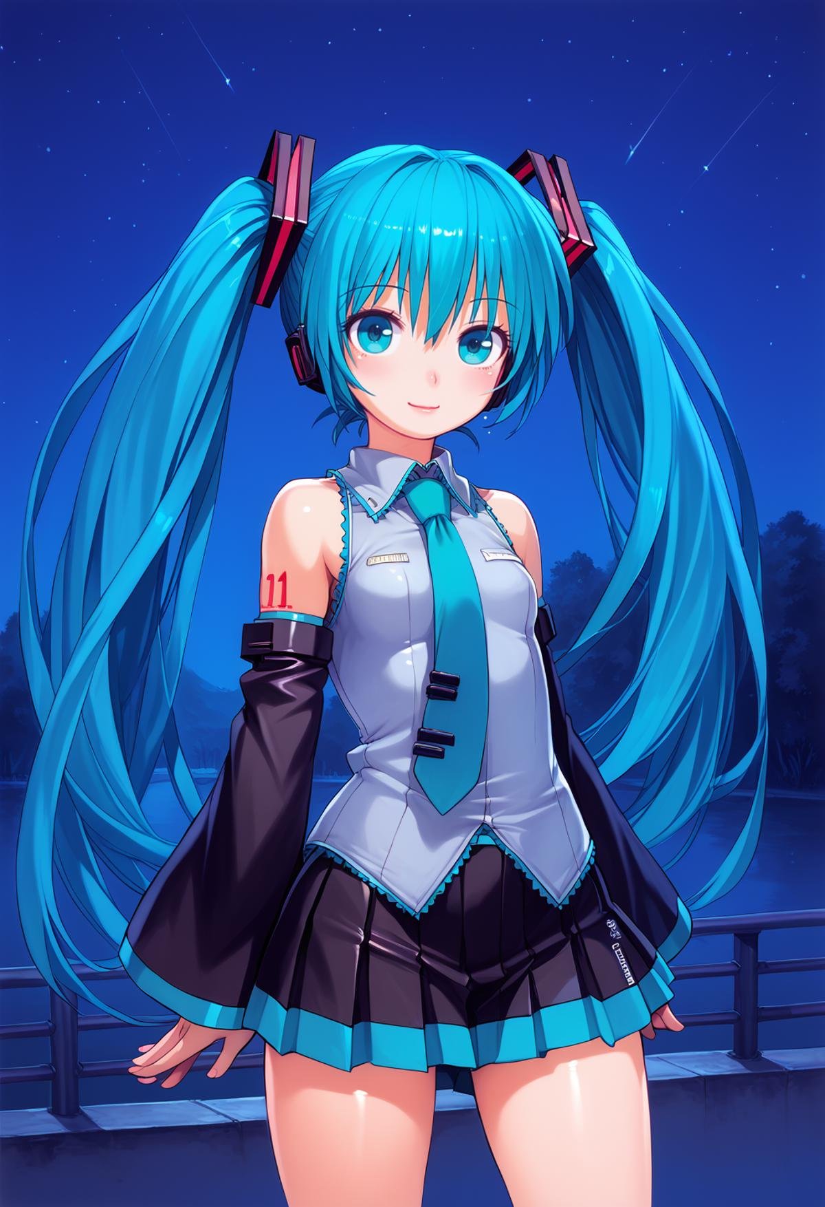 score_9, score_8_up, score_7_up, score_6_up, nox, 8um, wpt, fbg BREAKhigh resolution, very high resolution, cowboy shot, 1girl, hatsune miku, aqua eyes, aqua hair, twintails, detached sleeves, green necktie, skirt, looking at viewer, closed mouth, outdoors, night, starry sky, 