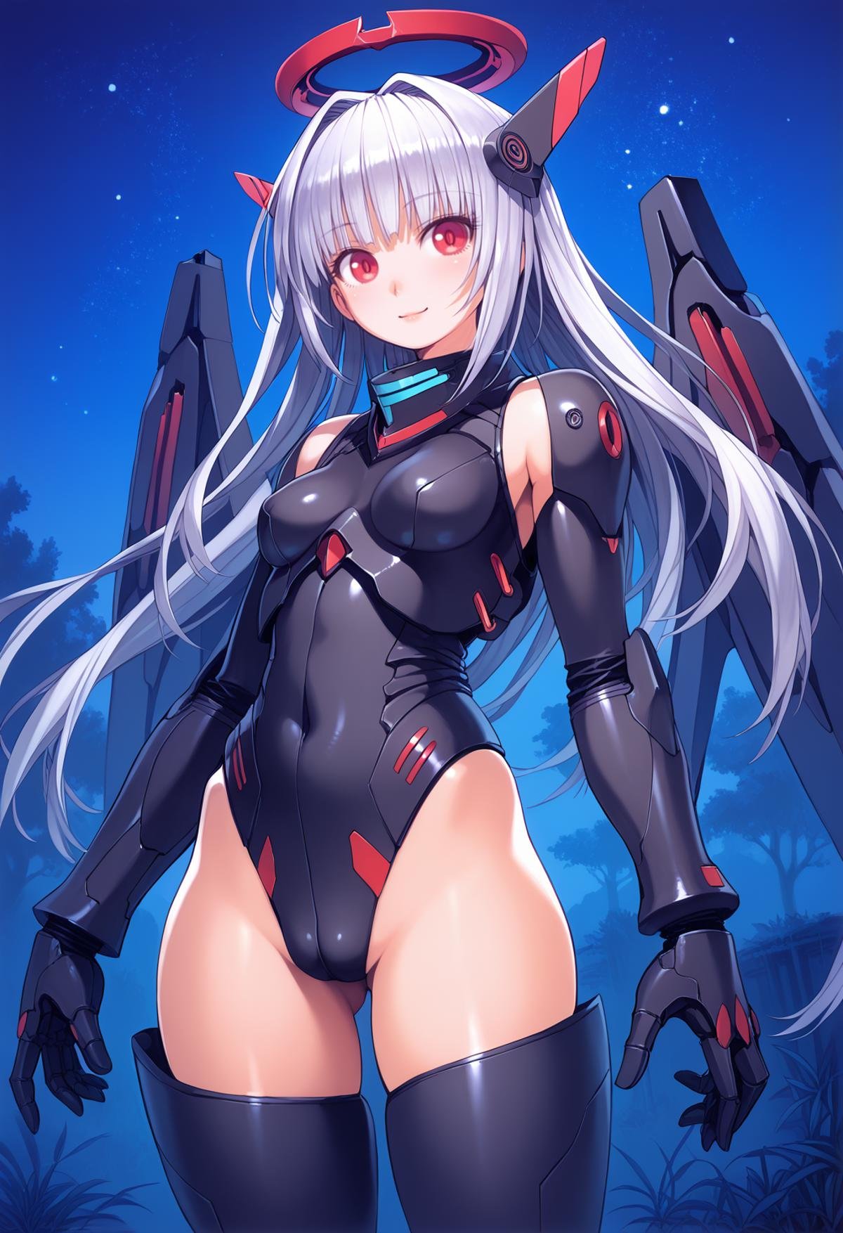 score_9, score_8_up, score_7_up, score_6_up, nox, 8um, wpt BREAKhigh resolution, very high resolution, cowboy shot, 1girl, mecha musume, red eyes, silver hair, long hair, armored leotard, wings, tassel, mechanical arms, mechanical halo, looking at viewer, closed mouth, outdoors, night, starry sky, 