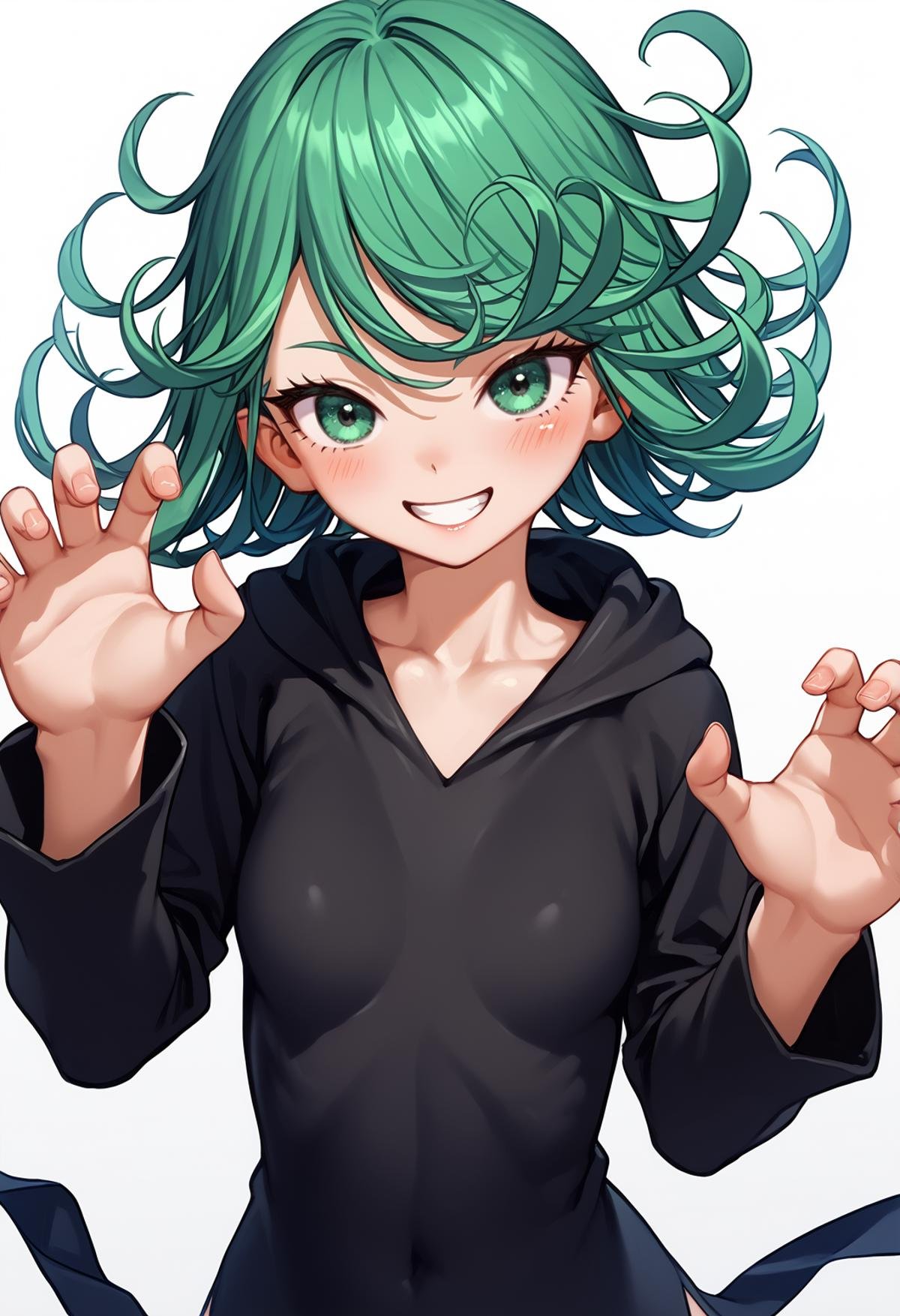 score_9, score_8_up, score_7_up, score_6_up, BREAK1girl, tatsumaki, green eyes, green hair, blush, solo, medium breasts, black hoodie, long sleeves, claw pose, looking at viewer, smile, 