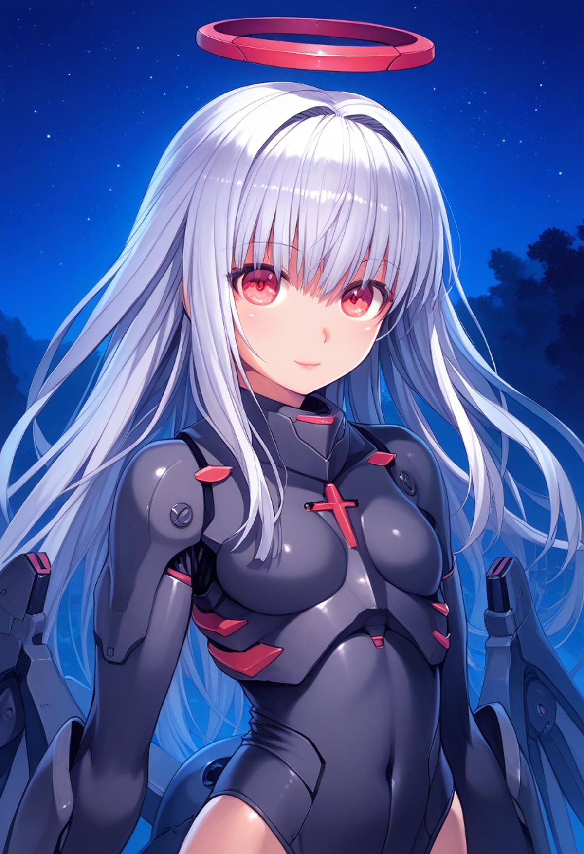 score_9, score_8_up, score_7_up, score_6_up, nox, 8um, wpt BREAKhigh resolution, very high resolution, close-up, 1girl, mecha musume, red eyes, silver hair, long hair, armored leotard, wings, tassel, mechanical arms, mechanical halo, looking at viewer, closed mouth, outdoors, night, starry sky, 