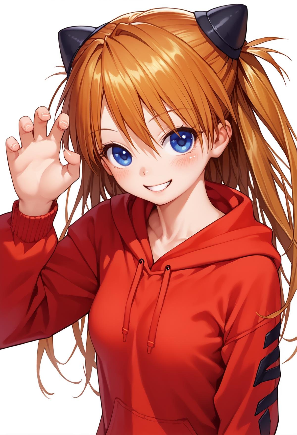 score_9, score_8_up, score_7_up, score_6_up, BREAK1girl, souryuu asuka langley, blue eyes, blush, solo, medium breasts, hairpods, red hoodie, long sleeves, claw pose, looking at viewer, smile, 