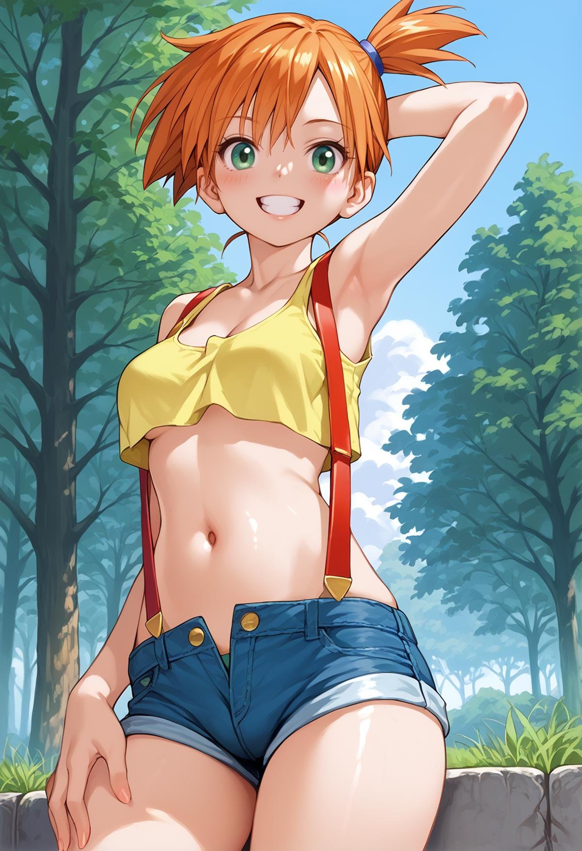 score_9, score_8_up, score_7_up, score_6_up, BREAKpokemon character, misty (pokemon),1girl, arm behind head, asymmetrical hair, bangs, bare shoulders, blush, breasts, clavicle, cleavage, crop top, day, denim, denim shorts, green eyes, grin, looking at viewer, navel, orange hair, ponytail, shiny skin, short hair, short shorts, side ponytail, (suspenders:1.1), suspender shorts, tank top, tree, yellow shirt, 