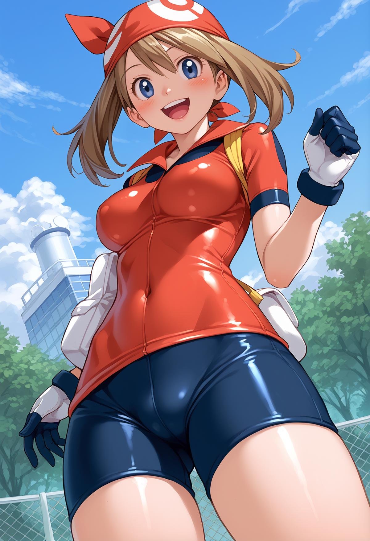 score_9, score_8_up, score_7_up, score_6_up, BREAKpokemon character, may (pokemon), 1girl, bandana, blue eyes, blue sky, blush, breasts, brown hair, cloud, :d, day, gloves, impossible clothes, large breasts, looking at viewer, open-mouth smile, outdoors, red bandana, red headwear, shiny, shorts, sky, smile, solo, spats, standing, thighs, viewed from below, 