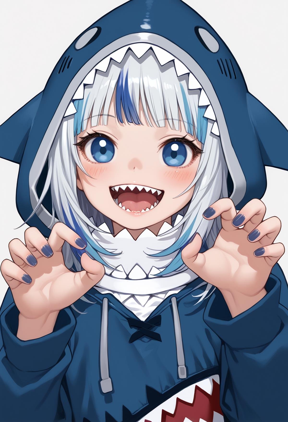 score_9, score_8_up, score_7_up, score_6_up, BREAKpitvinm, in profile, 1girl, animal hood, blue eyes, blue hair, blue hoodie, blush, claw pose, clothing, female, hood, hoodie, long sleeves, looking at viewer, looking to the side, multicolored hair, open mouth, shark hood, sharp teeth, smile, solo, streaked hair, teeth, two-tone hair, upper body, white hair, 