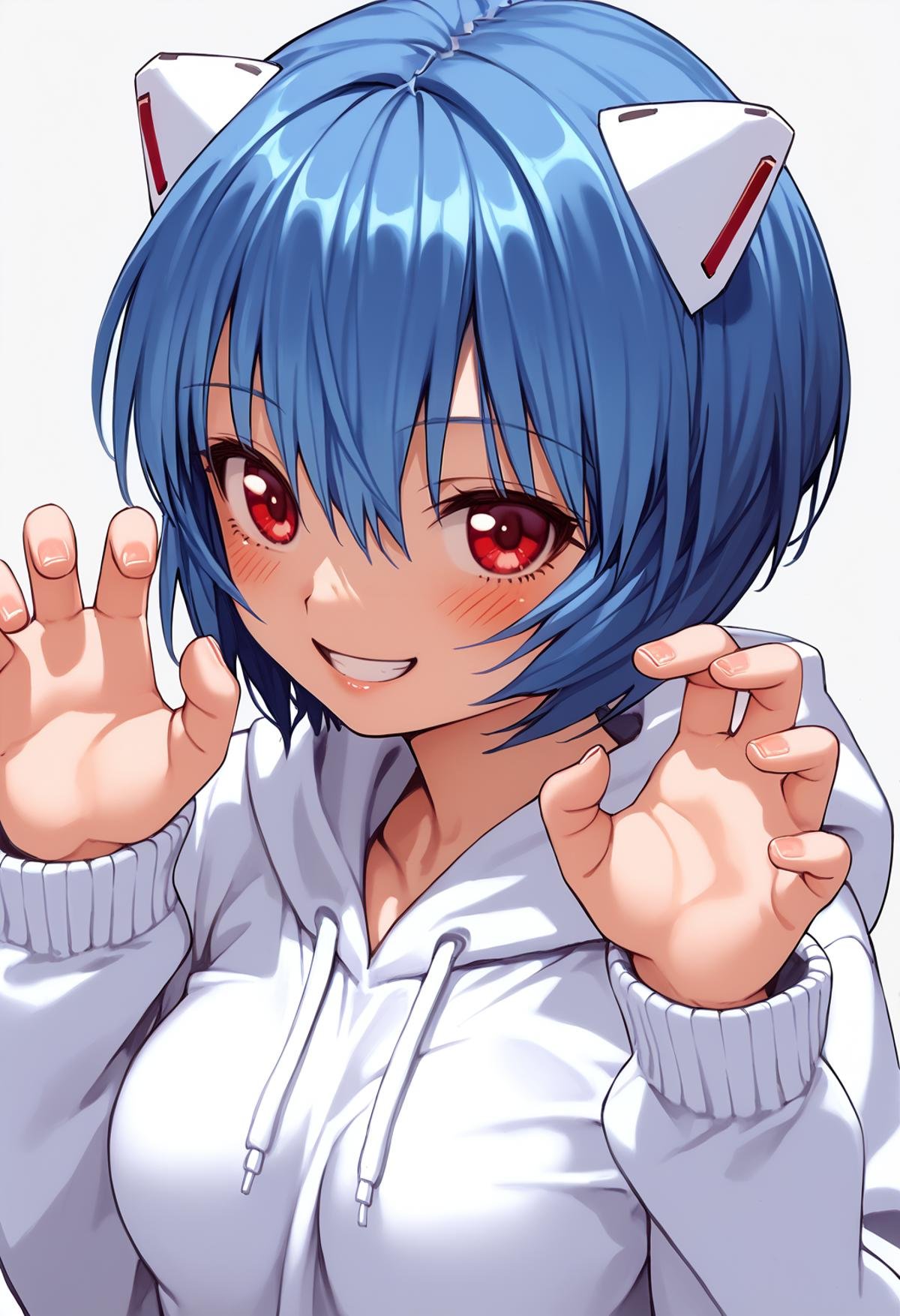 score_9, score_8_up, score_7_up, score_6_up, BREAK1girl, ayanami rei, red eyes, blue hair, blush, solo, medium breasts, hairpods, white hoodie, long sleeves, claw pose, looking at viewer, smile, 