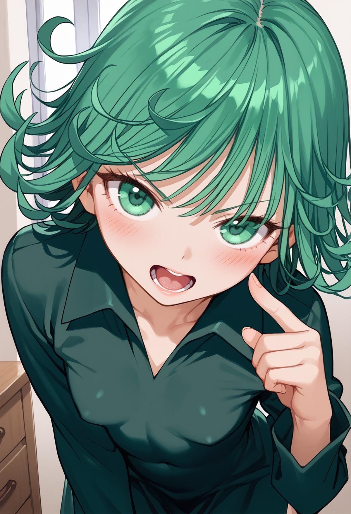 score_9, score_8_up, score_7_up, score_6_up, BREAKkaikoi, tatsumaki (one-punch man), one-punch man, 1girl, angry, bangs, black dress, blush, collared dress, curly hair, dress, flipped hair, green eyes, green hair, index finger raised, indoors, leaning forward, long sleeves, looking at viewer, open mouth, pointing at viewer, short hair, small breasts, solo, v-shaped eyebrows, close-up, 