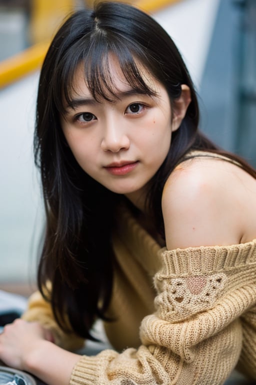 A Taiwanese young female, looking directly at the viewer with a shy smile, on a construction site during sunset. She's wearing a low-cut collarless and sleeveless sweater with floral pattern and has long hair with bangs. Her facial features are exaggerated, bags under her eyes accentuating the red tones, and a flawless beauty. The background is a doomsday city with colorful and magical atmosphere. The lighting is fine with realistic depth of light and shadow, and the textures are high detailed, including realistic skin texture, hair texture, clothing texture, and accessories texture. The composition style is hyperrealistic, with a 32k UHD resolution, anime art, and mural painting. The overall quality is extreme detailed, highest quality, and official art.