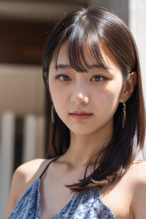 A Taiwanese young female, looking directly at the viewer with a shy smile, on a construction site during sunset. She's wearing a low-cut collarless and sleeveless sweater with floral pattern and has long hair with bangs, bags under her eyes accentuating the red tones, and a flawless beauty. The background is a doomsday city with colorful and magical atmosphere. The lighting is fine with realistic depth of light and shadow, and the textures are high detailed, including realistic skin texture, hair texture, clothing texture, and accessories texture. The composition style is hyperrealistic, with a 32k UHD resolution, anime art, and mural painting. The overall quality is extreme detailed, highest quality, and official art. 1girl, close-up,((without makeup)),((small eyes)),((monolid eyes)),((slit eyes))