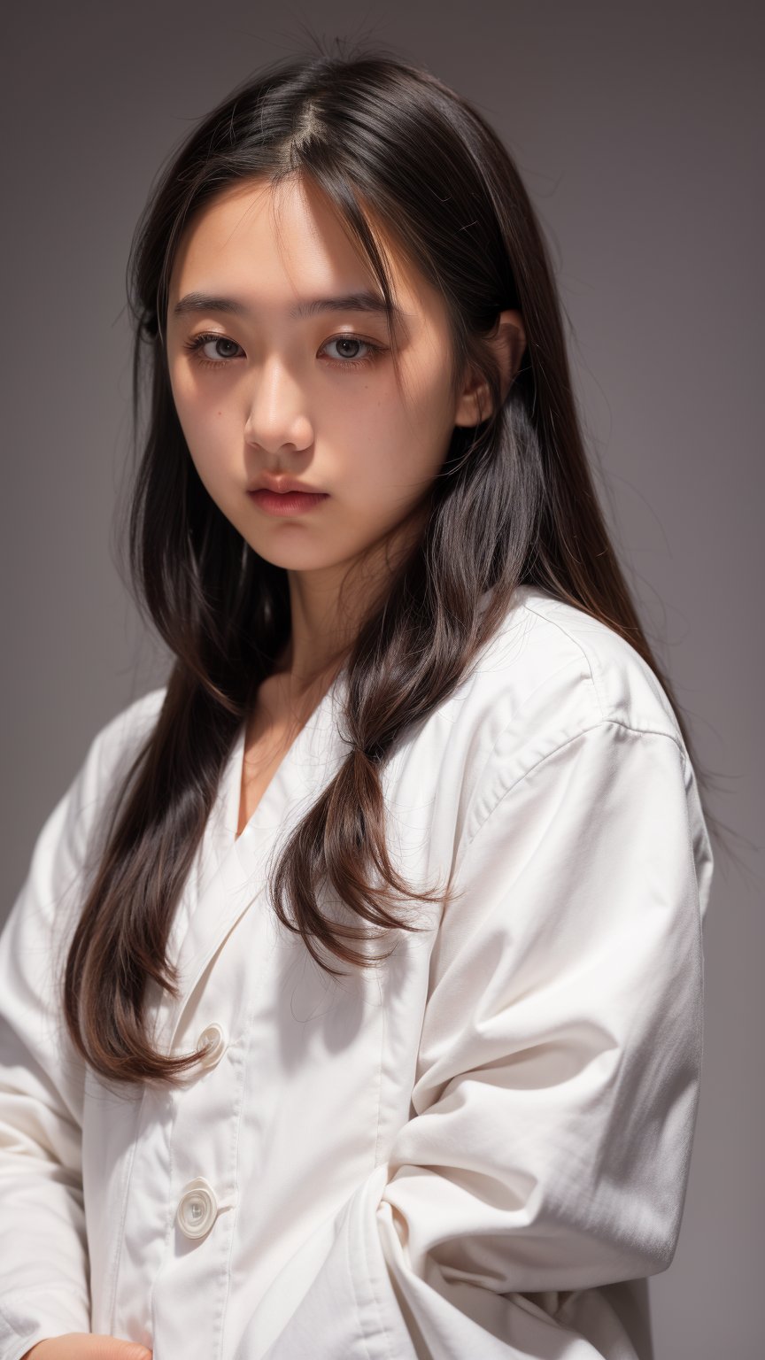 1girl, solo, long hair, looking at viewer, simple background, black hair, artist name, grey background, black eyes, lips, realistic, nose, hands in pockets, white lab coat, ((18 years old)), ((asian)) , ((POV)), ((close-up)), 