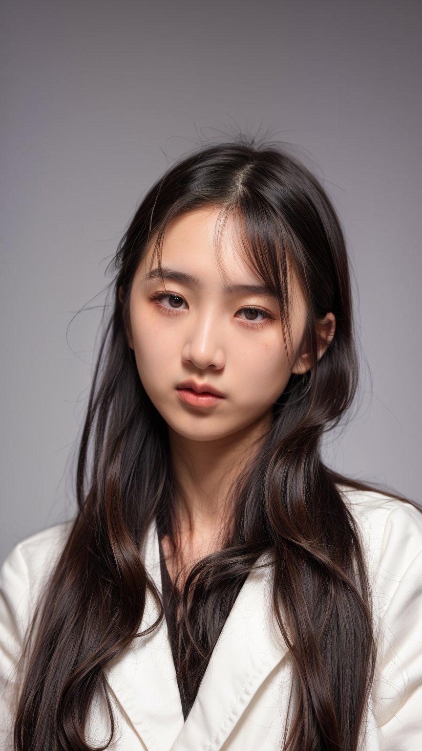 1girl, solo, long hair, looking at viewer, simple background, black hair, artist name, grey background, black eyes, lips, realistic, nose, hands in pockets, white lab coat, ((18 years old)), ((asian)) , ((POV)), ((close-up)), 