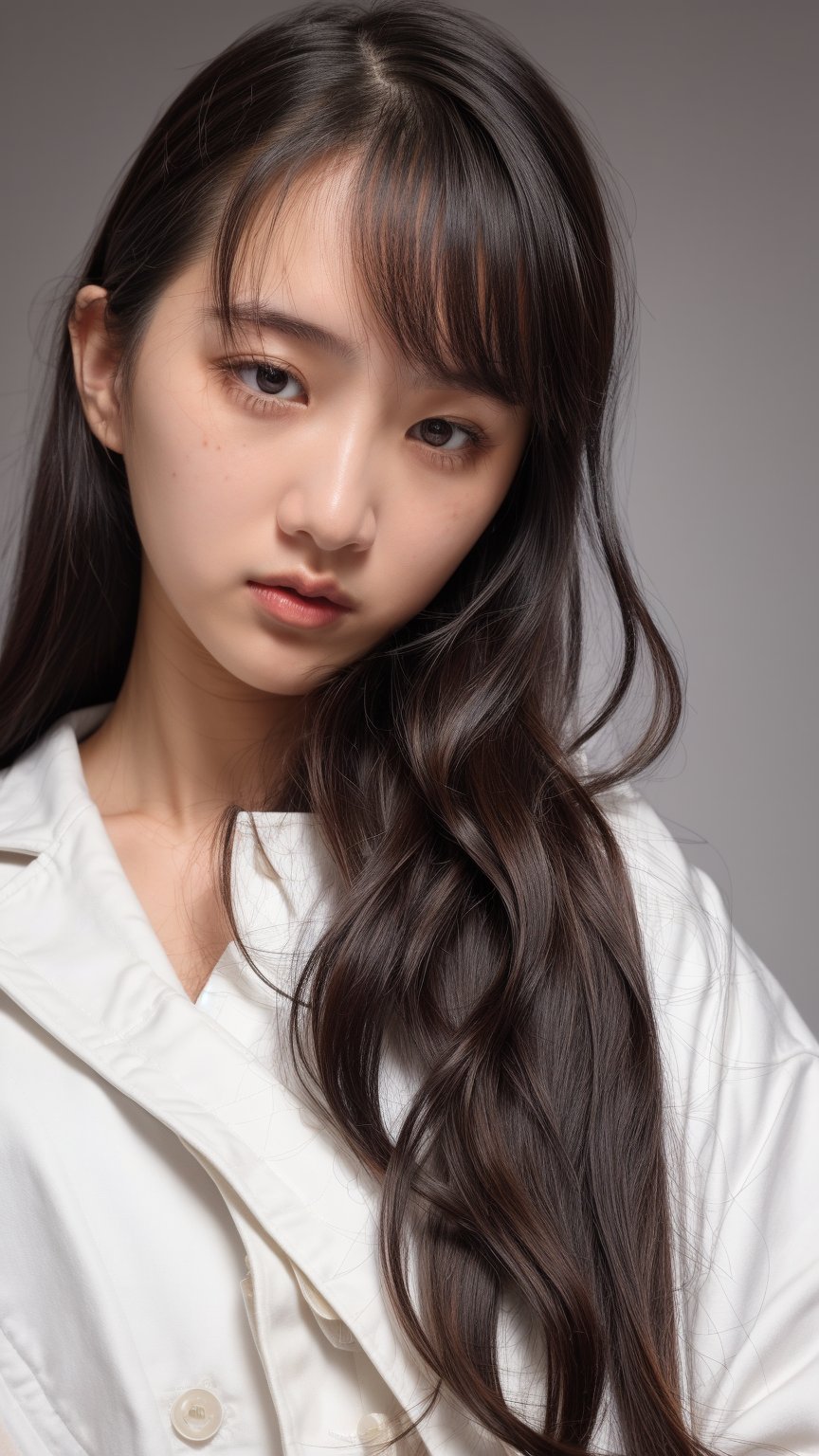 1girl, solo, long hair, looking at viewer, simple background, black hair, artist name, grey background, black eyes, lips, realistic, nose, hands in pockets, white lab coat, ((18 years old)), ((asian)) , ((POV)), ((close-up)), 