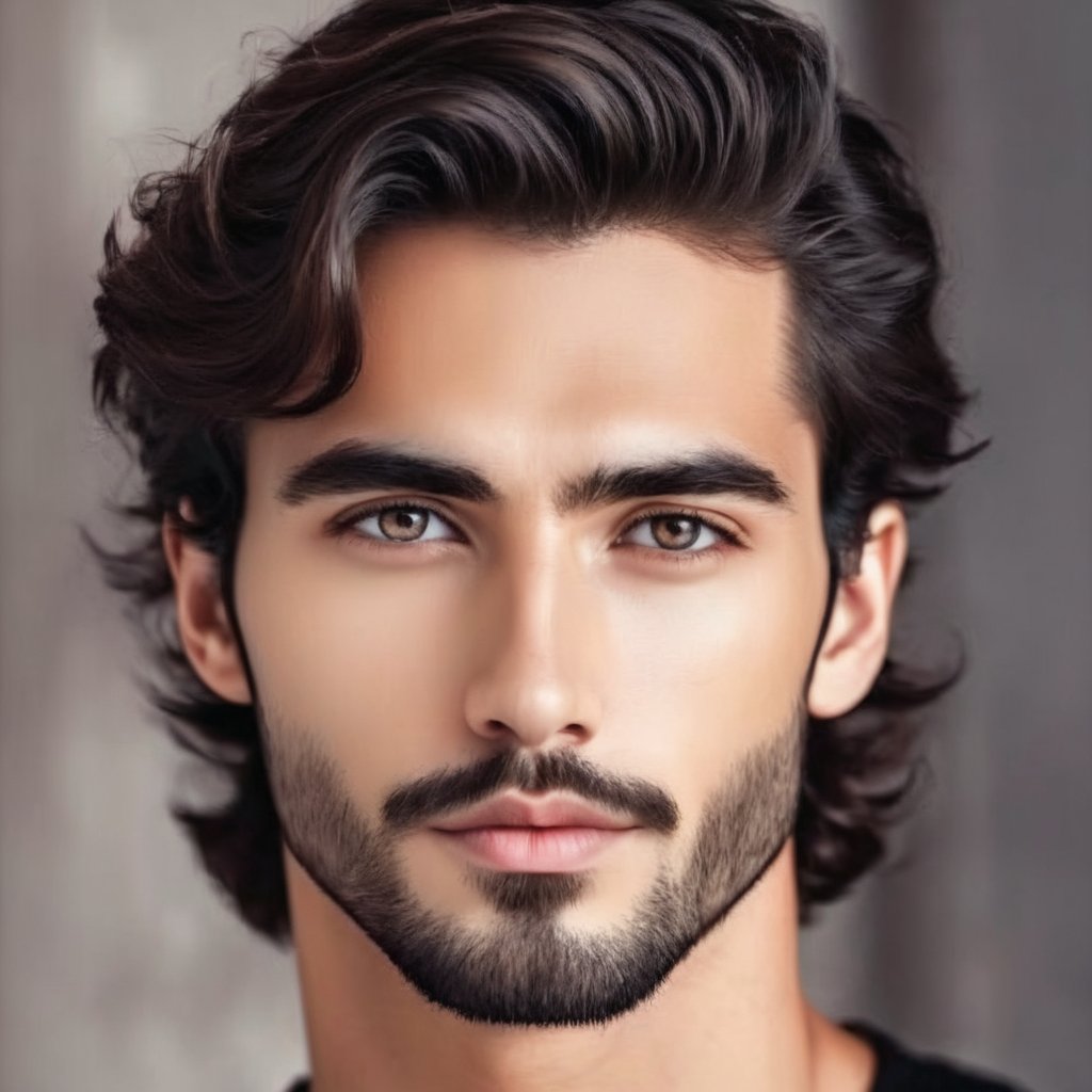 Ultra detailed, 8k quality, illustration, handsome young man, 1boy, solo, black hair, looking at viewer, facial hair, male focus, closed mouth, beard,  almond eyes,  detailed lips, mustache, potrait, close-up, ultra realestic, Add_More_Details